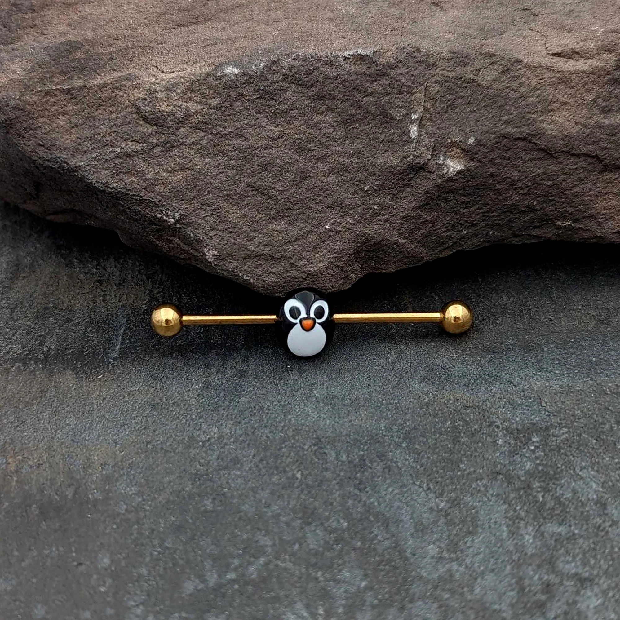14G Gold Tone Round Penguin Face Holiday Industrial Barbell 38mm - Image 6