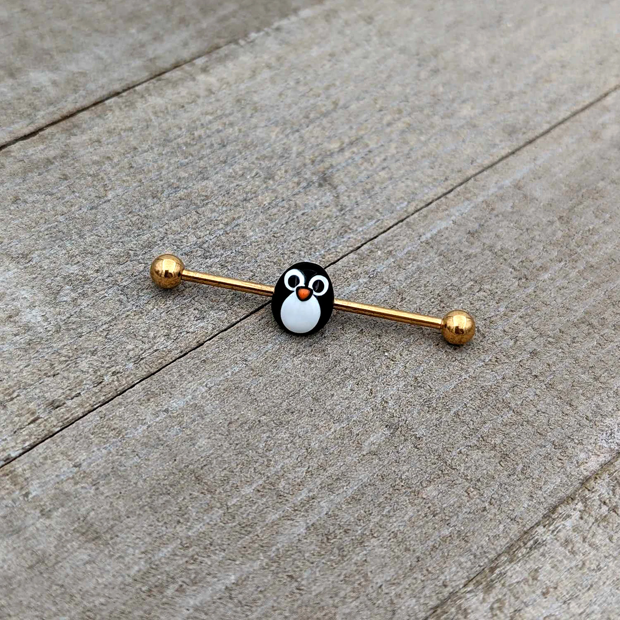 14G Gold Tone Round Penguin Face Holiday Industrial Barbell 38mm - Image 7