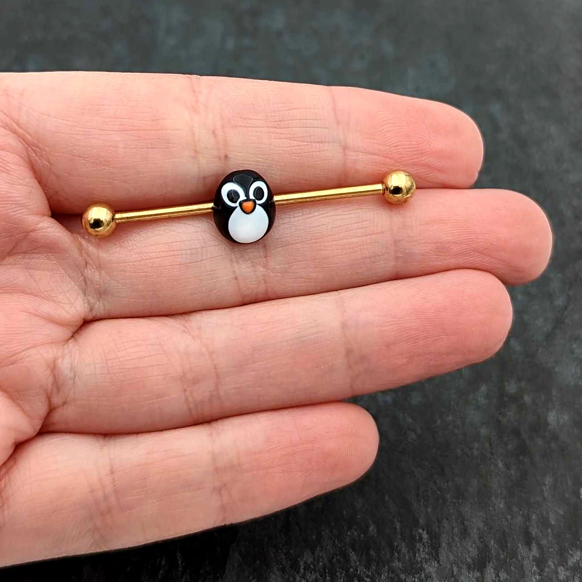 14G Gold Tone Round Penguin Face Holiday Industrial Barbell 38mm - Image 8