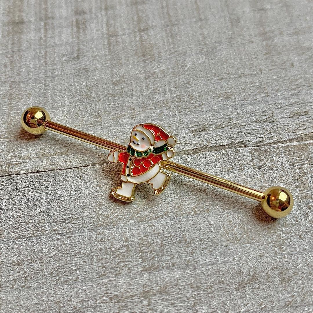 14G Gold Tone Skating Snowman Christmas Industrial Barbell 38mm - Image 2