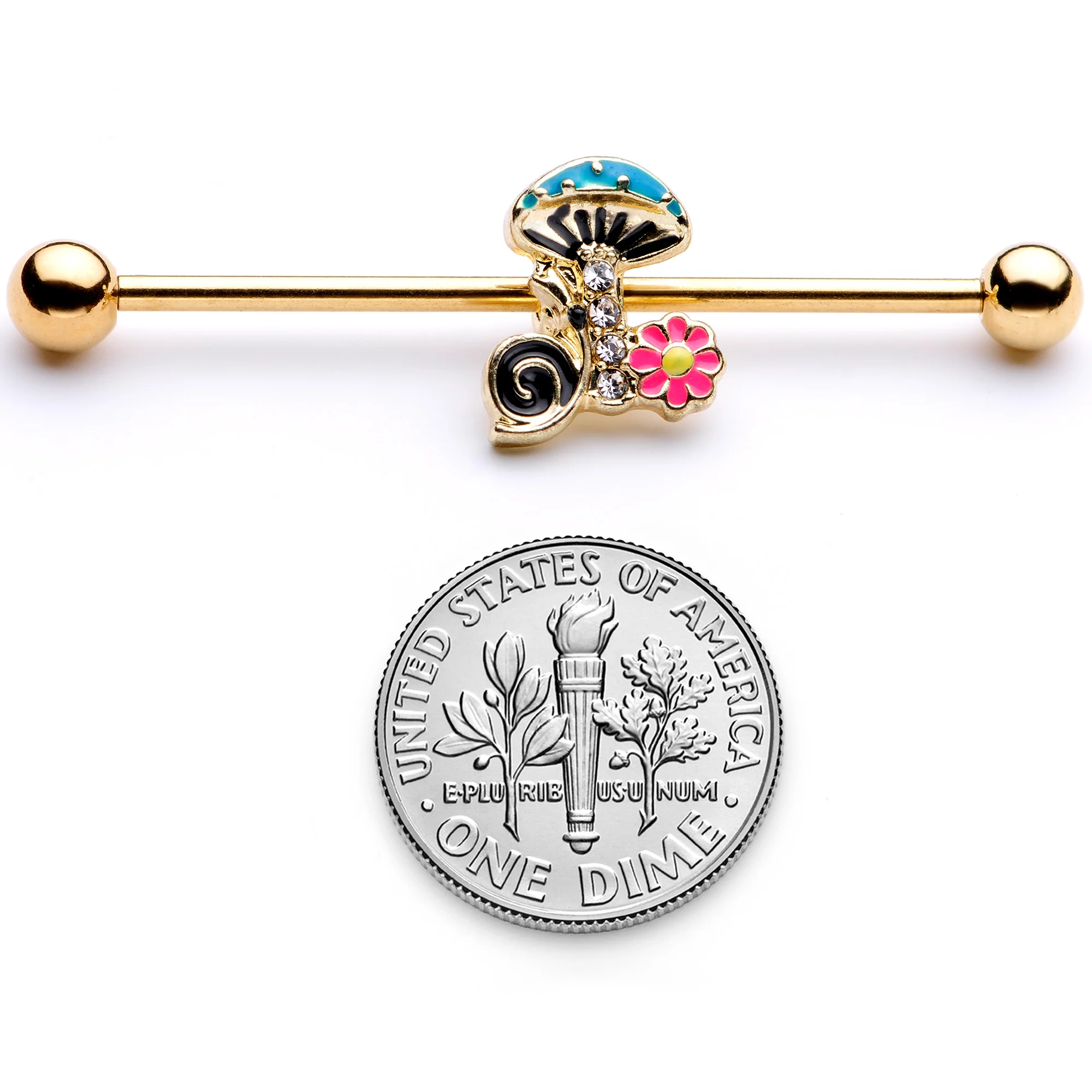 14G Gold Tone Snail Flower Magic Mushroom Industrial Barbell 38mm - Image 4