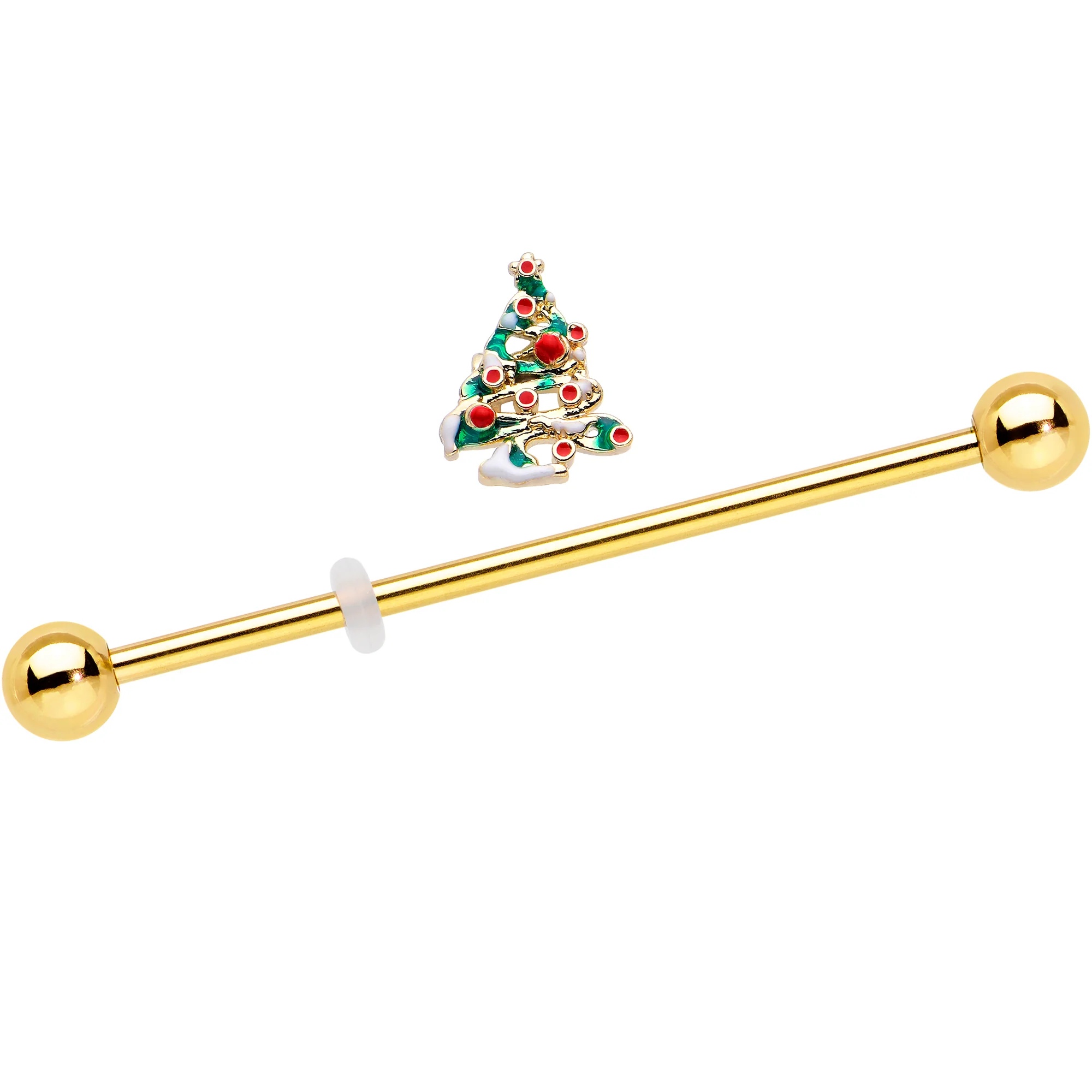 14G Gold Tone Snowy Christmas Tree Holiday Industrial Barbell 38mm - Image 2