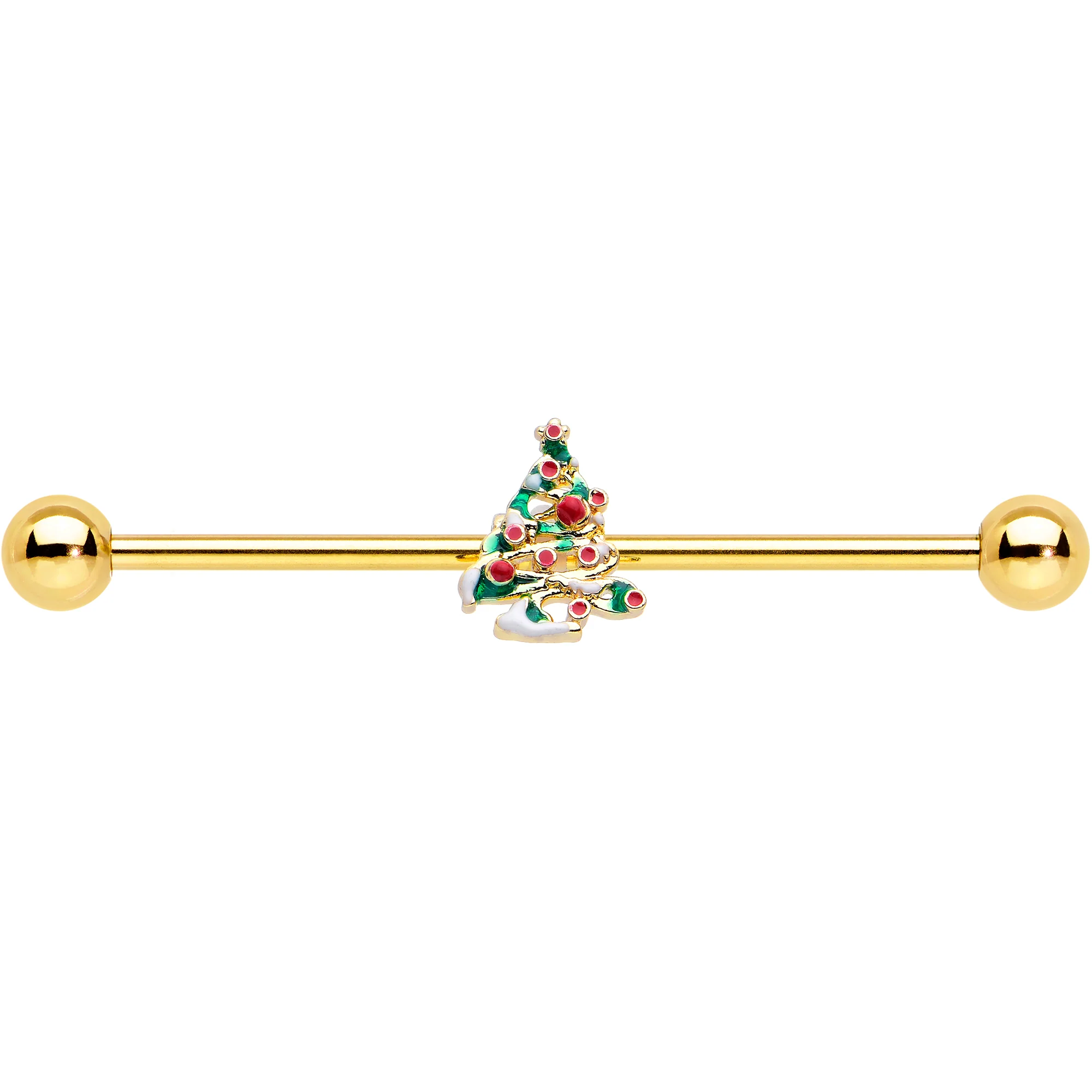14G Gold Tone Snowy Christmas Tree Holiday Industrial Barbell 38mm - Image 3