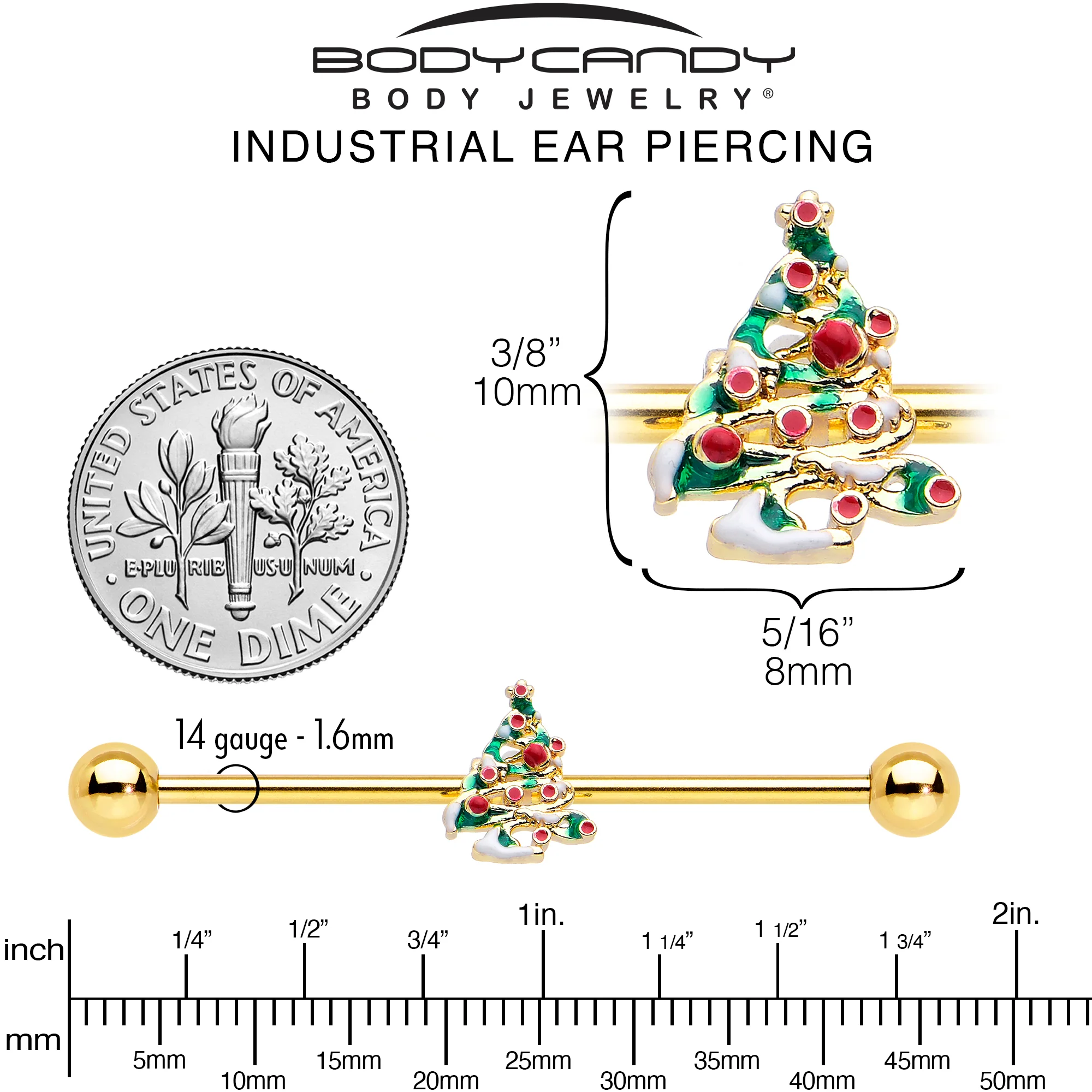 14G Gold Tone Snowy Christmas Tree Holiday Industrial Barbell 38mm - Image 4
