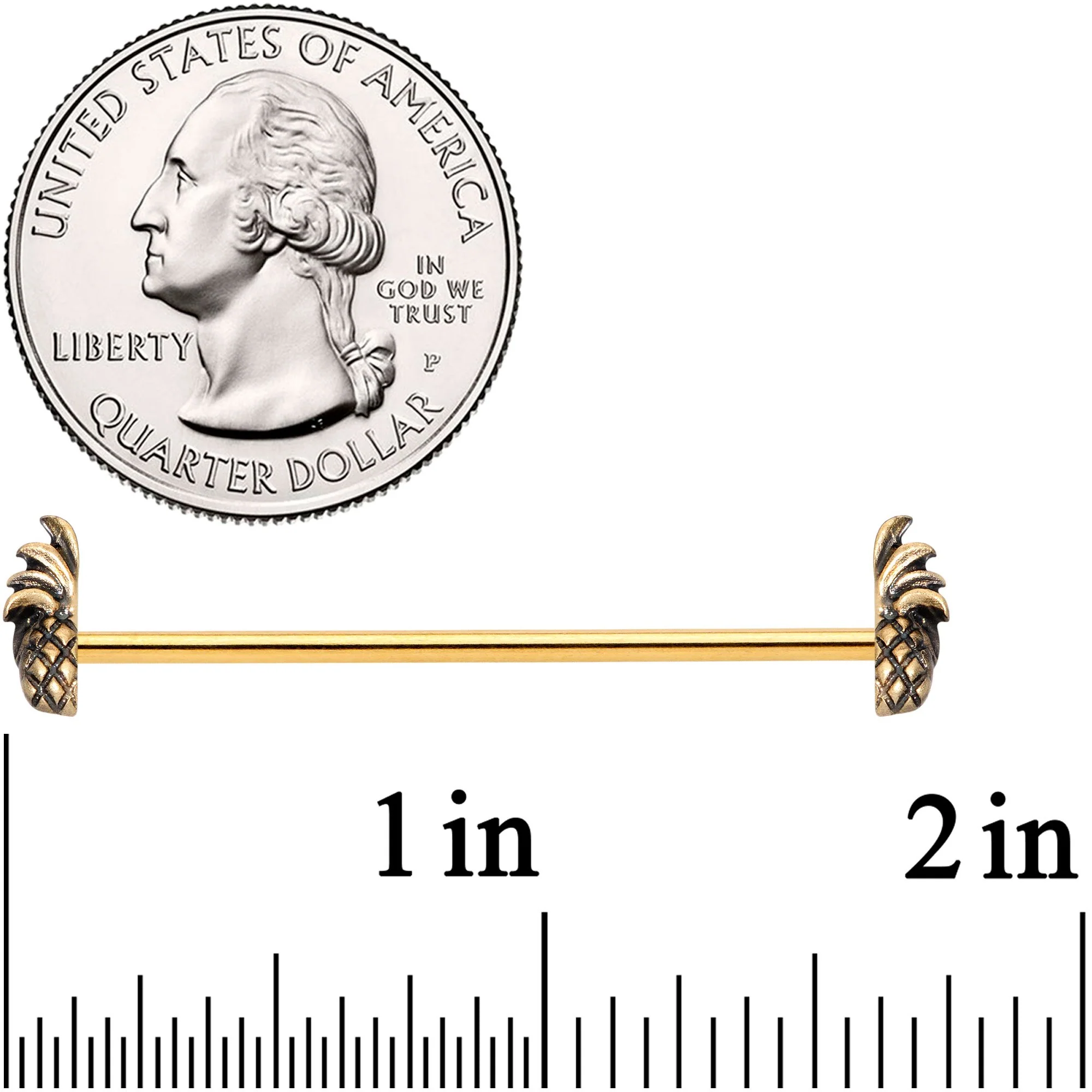 14G Gold Tone Split Pineapple Ends Industrial Barbell 38mm - Image 2