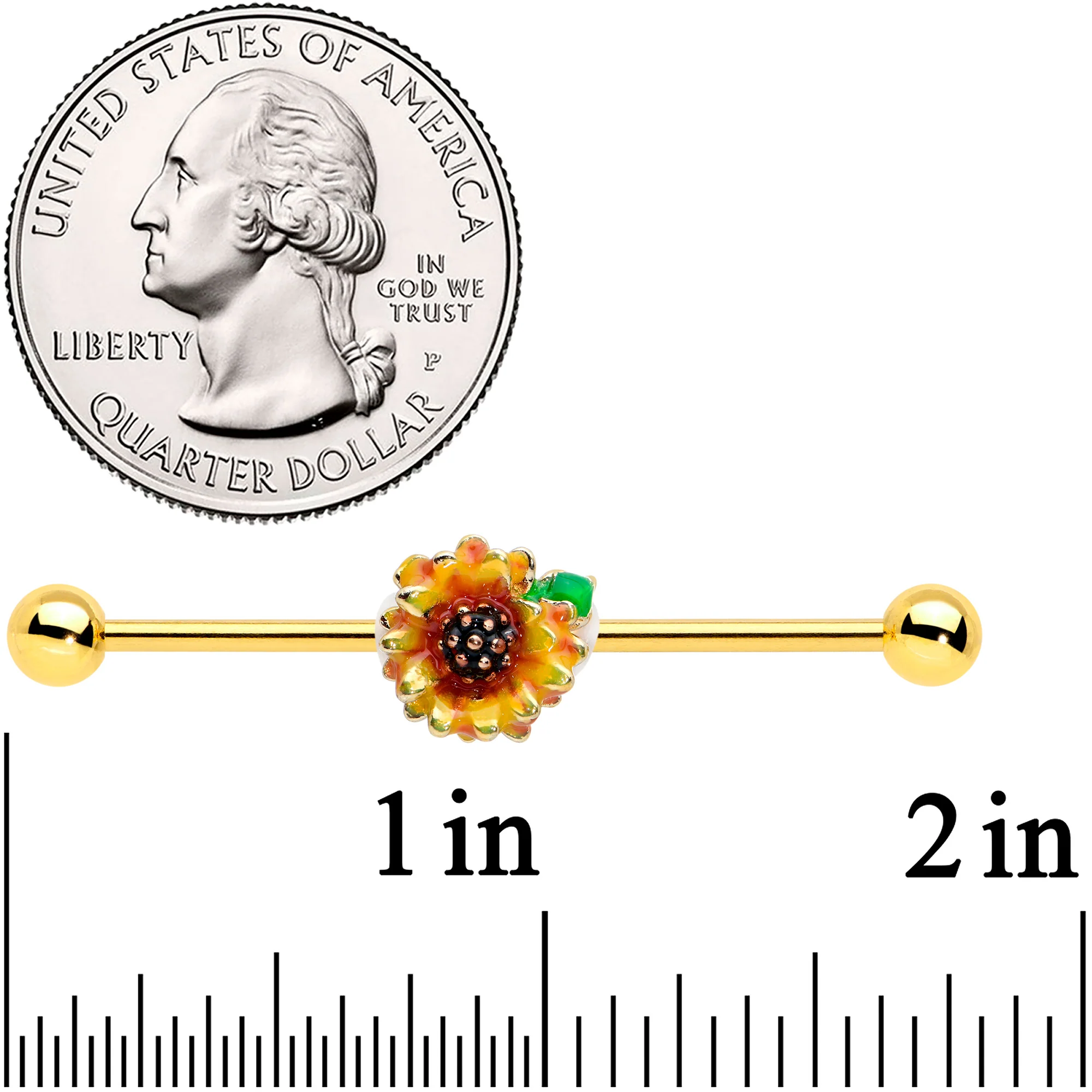 14G Gold Tone Summer Sunflower Industrial Barbell 38mm - Image 2