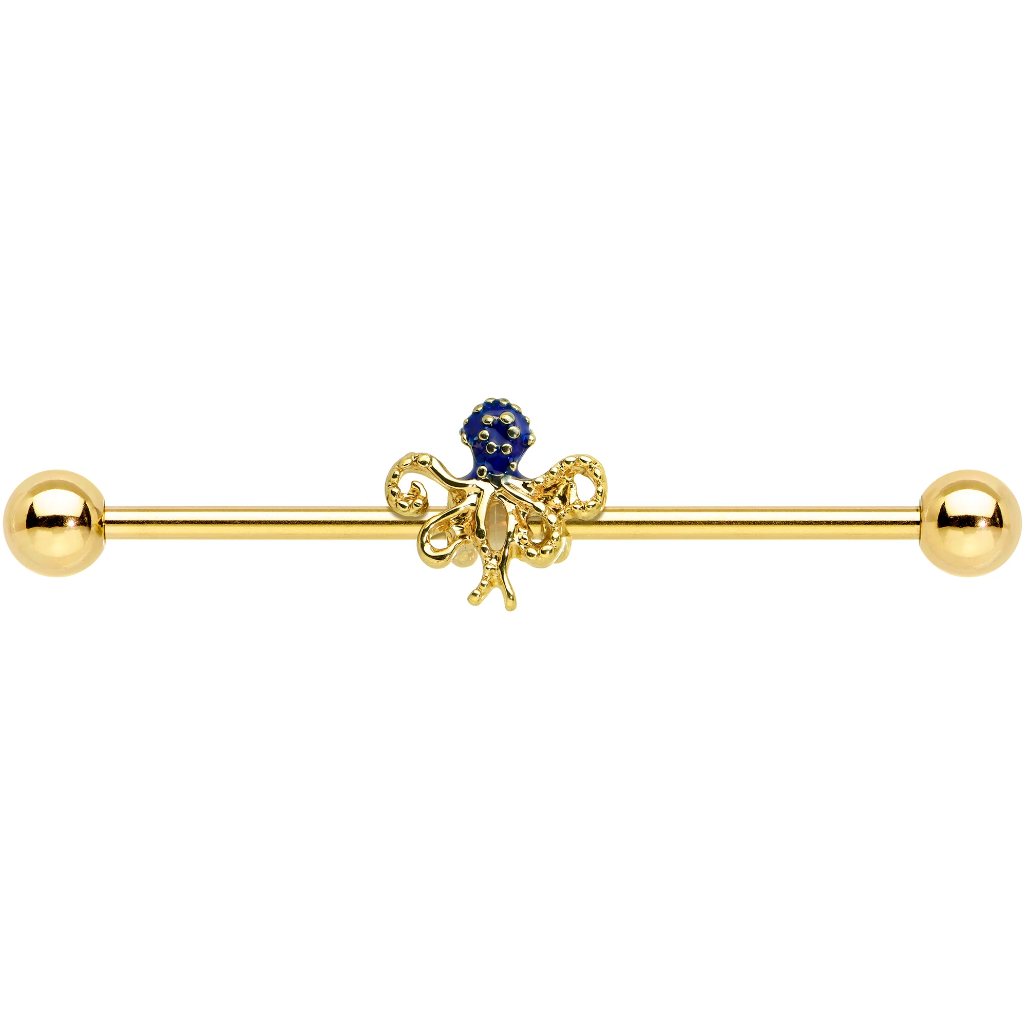 14G Gold Tone Textured Blue Octopus Industrial Barbell 38mm - Image 2