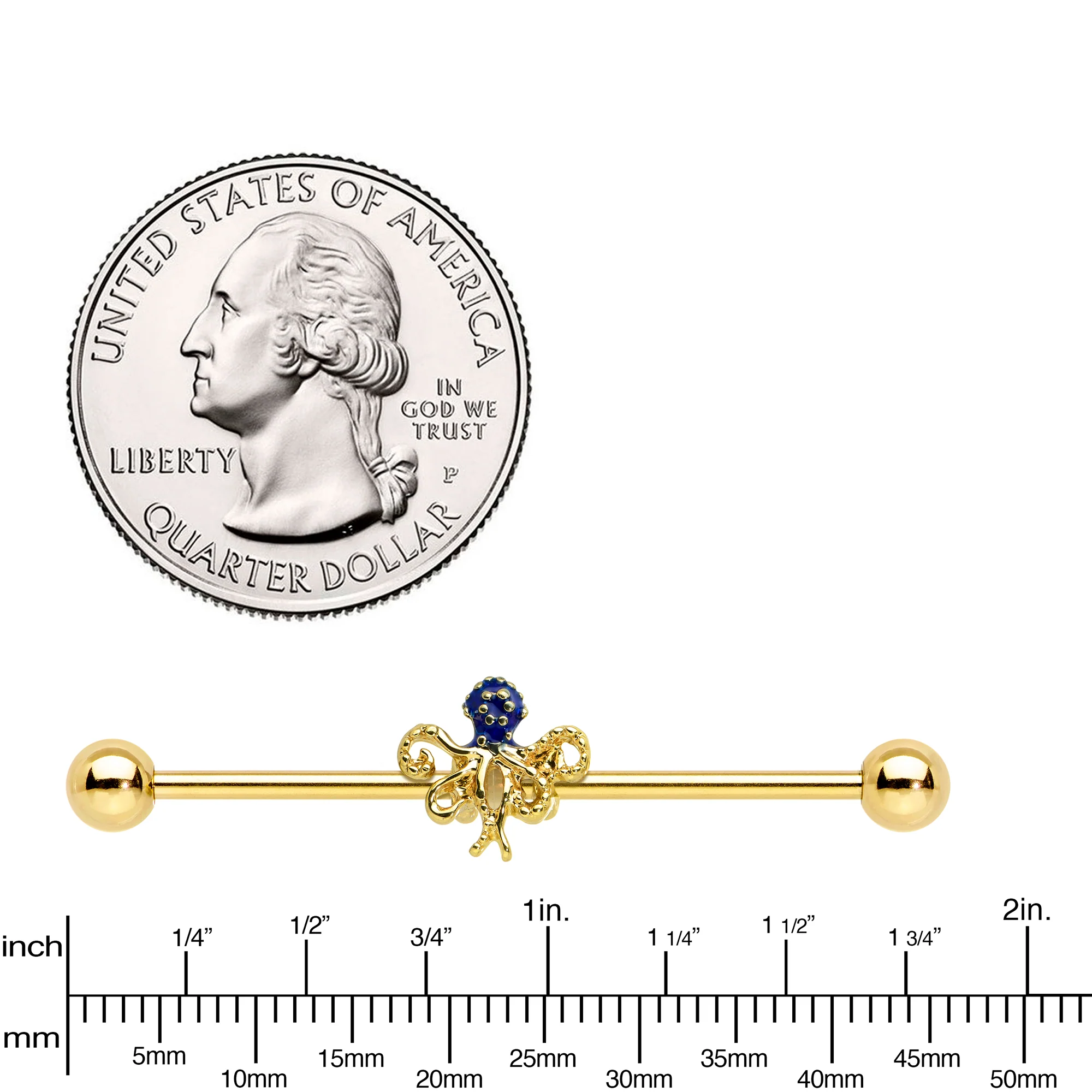 14G Gold Tone Textured Blue Octopus Industrial Barbell 38mm - Image 3