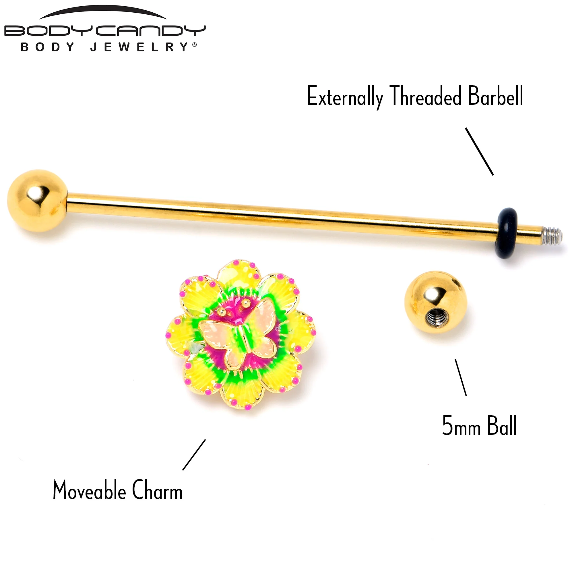14G Gold Tone Tie Dye Butterfly Style Industrial Barbell 38mm - Image 6