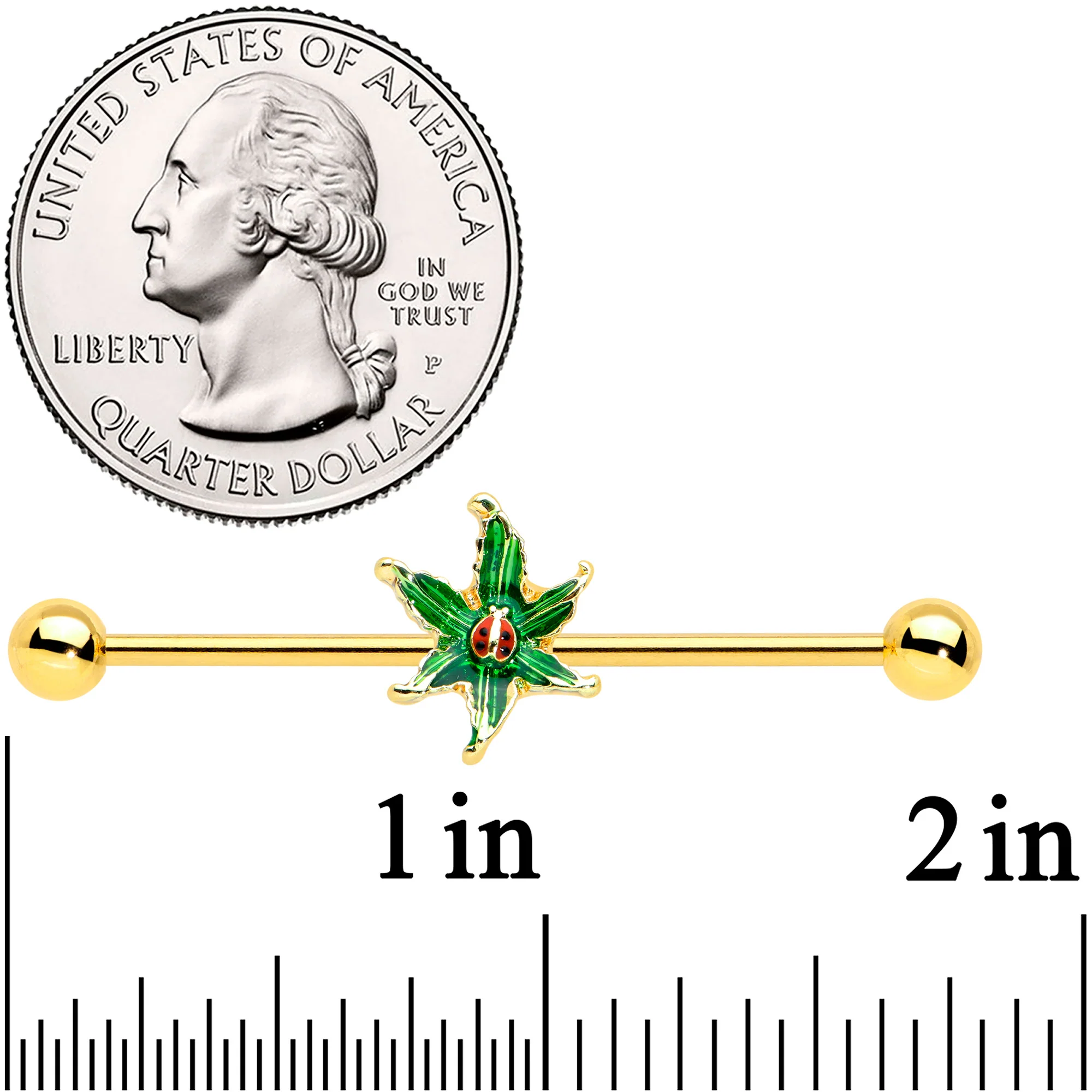 14G Gold Tone Tiny Ladybug Leaves Industrial Barbell 38mm - Image 2