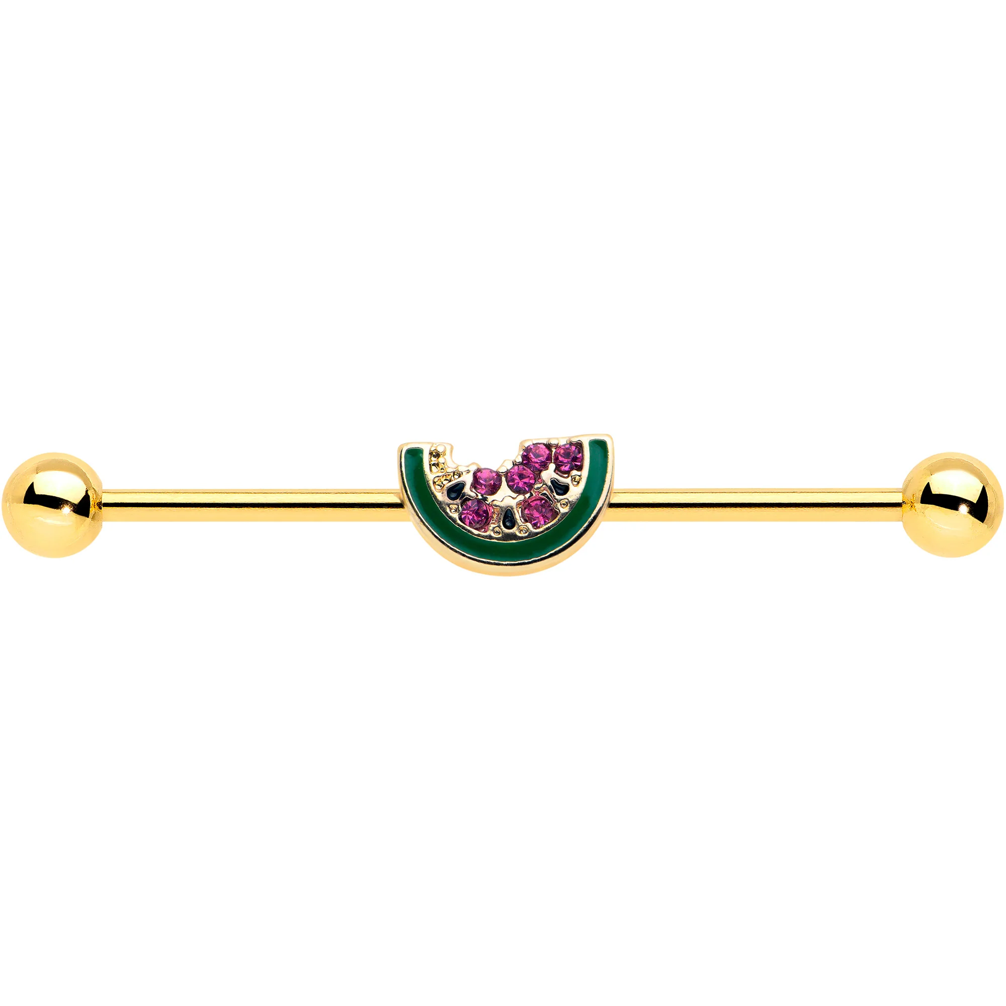 14G Gold Tone Watermelon Bite Industrial Barbell 38mm - Image 2