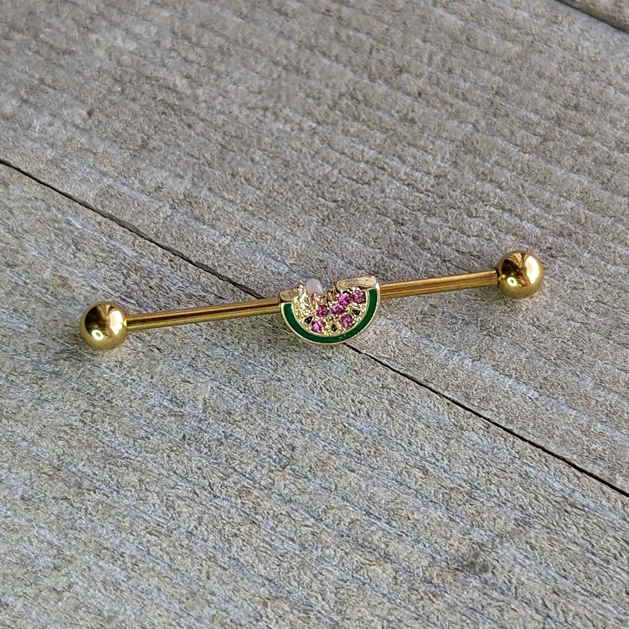 14G Gold Tone Watermelon Bite Industrial Barbell 38mm - Image 4
