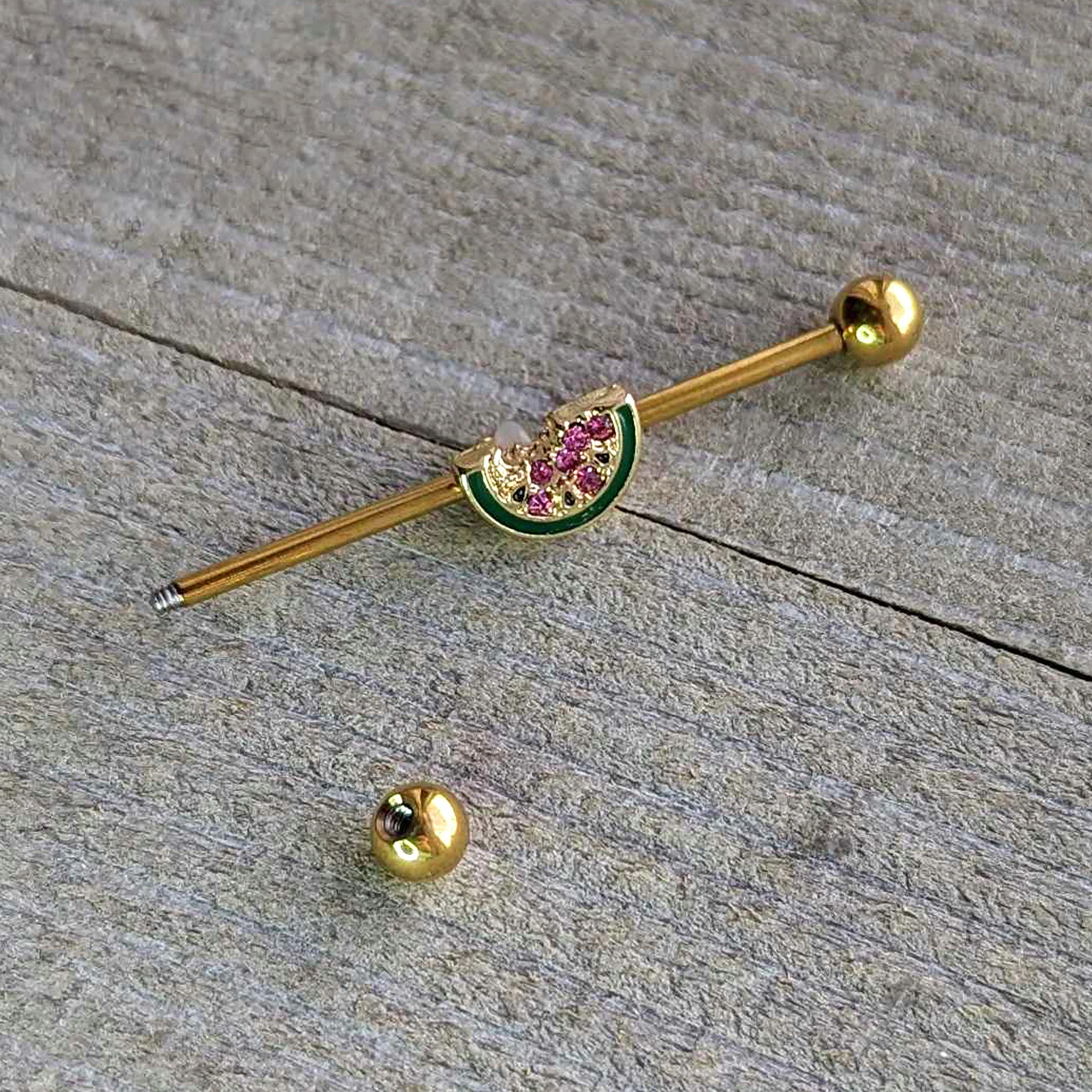14G Gold Tone Watermelon Bite Industrial Barbell 38mm - Image 5