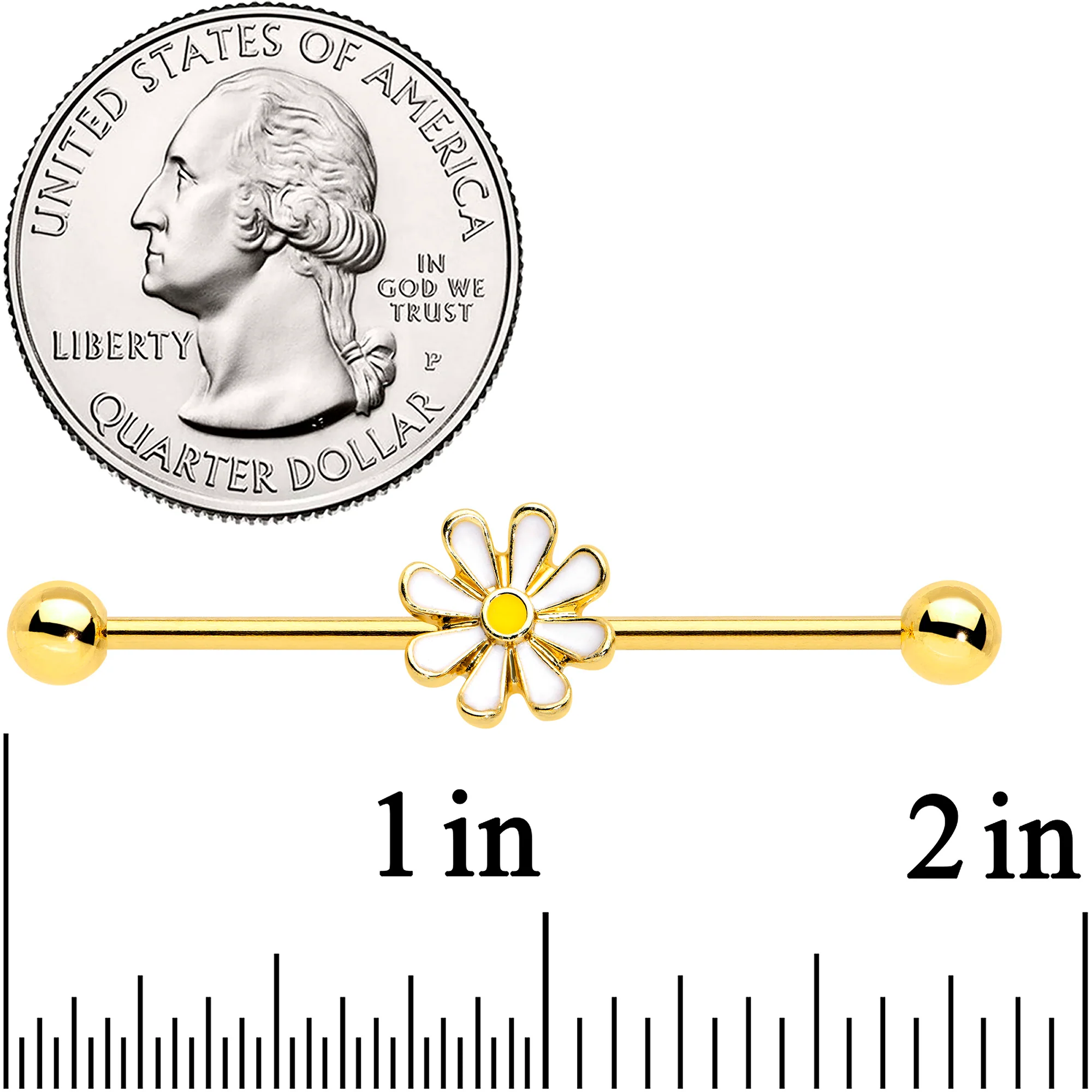 14G Gold Tone Whimsical Daisy Flower Industrial Barbell 38mm - Image 2