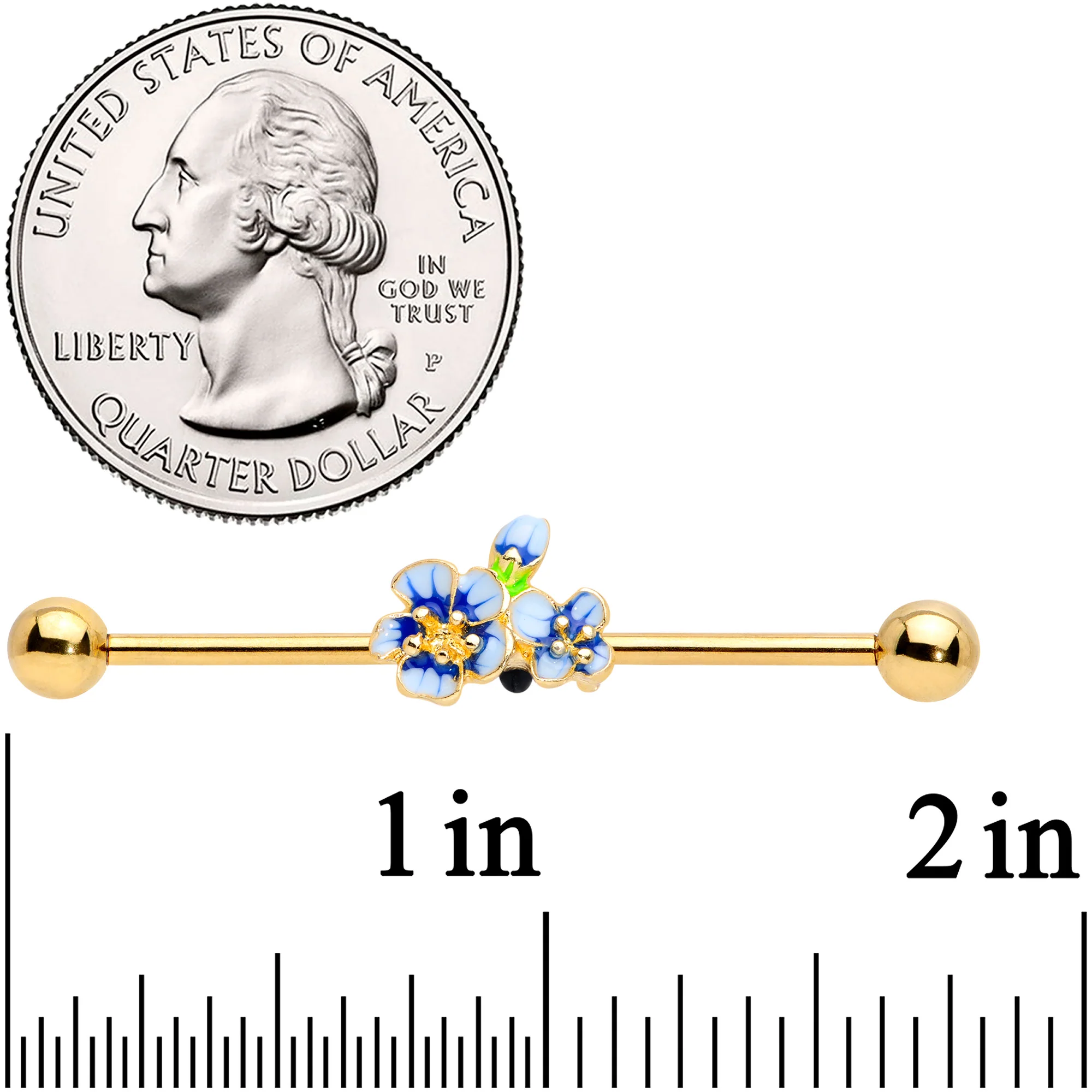 14G Gold Tone White Blue Flower Industrial Barbell 38mm - Image 2