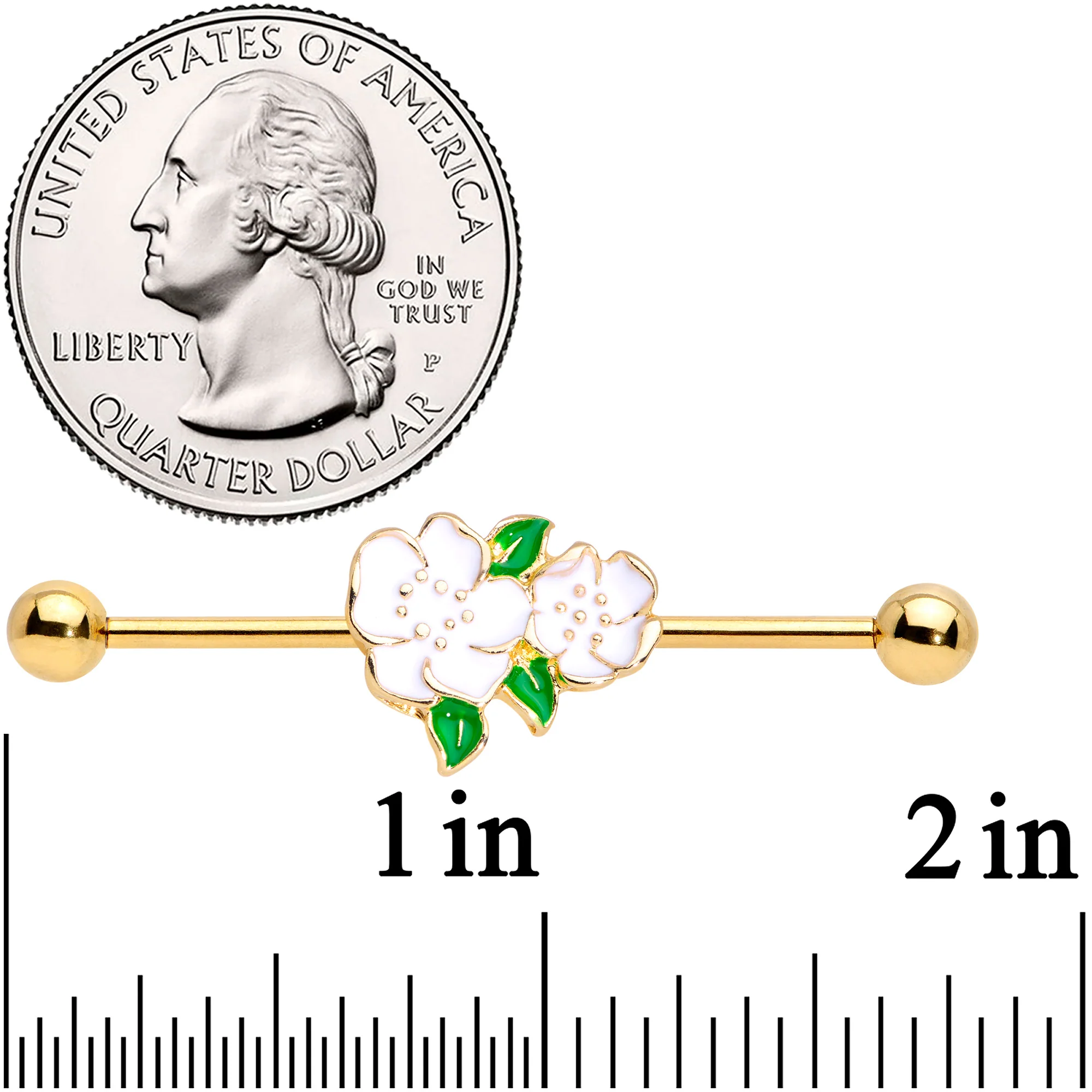 14G Gold Tone White Gardenia Flower Industrial Barbell 38mm - Image 2
