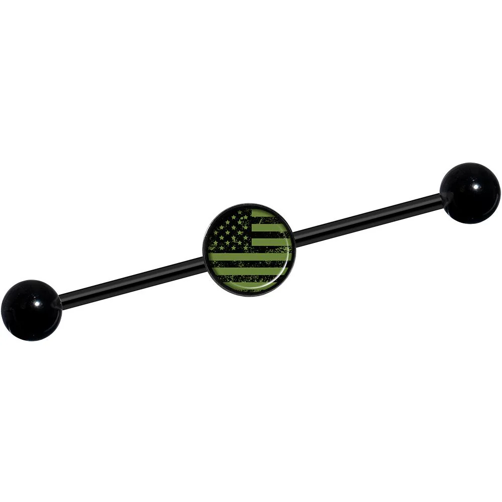 14G Green American Flag Black Industrial Barbell 37mm - Image 2