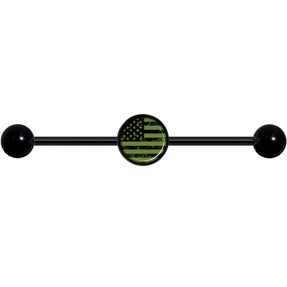 14G Green American Flag Black Industrial Barbell 37mm - Image 4