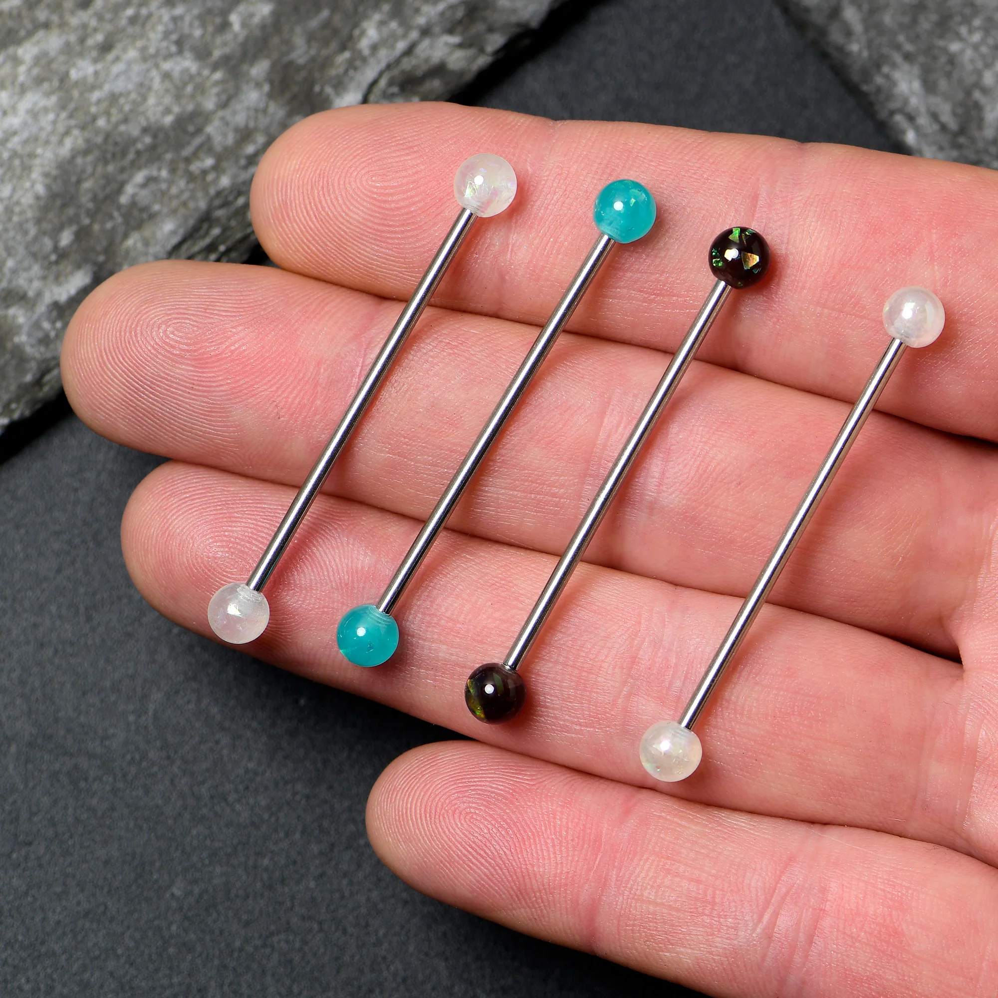 14G Green Aurora Black Faux Opal Pack Industrial Barbell Set of 4 - Image 4
