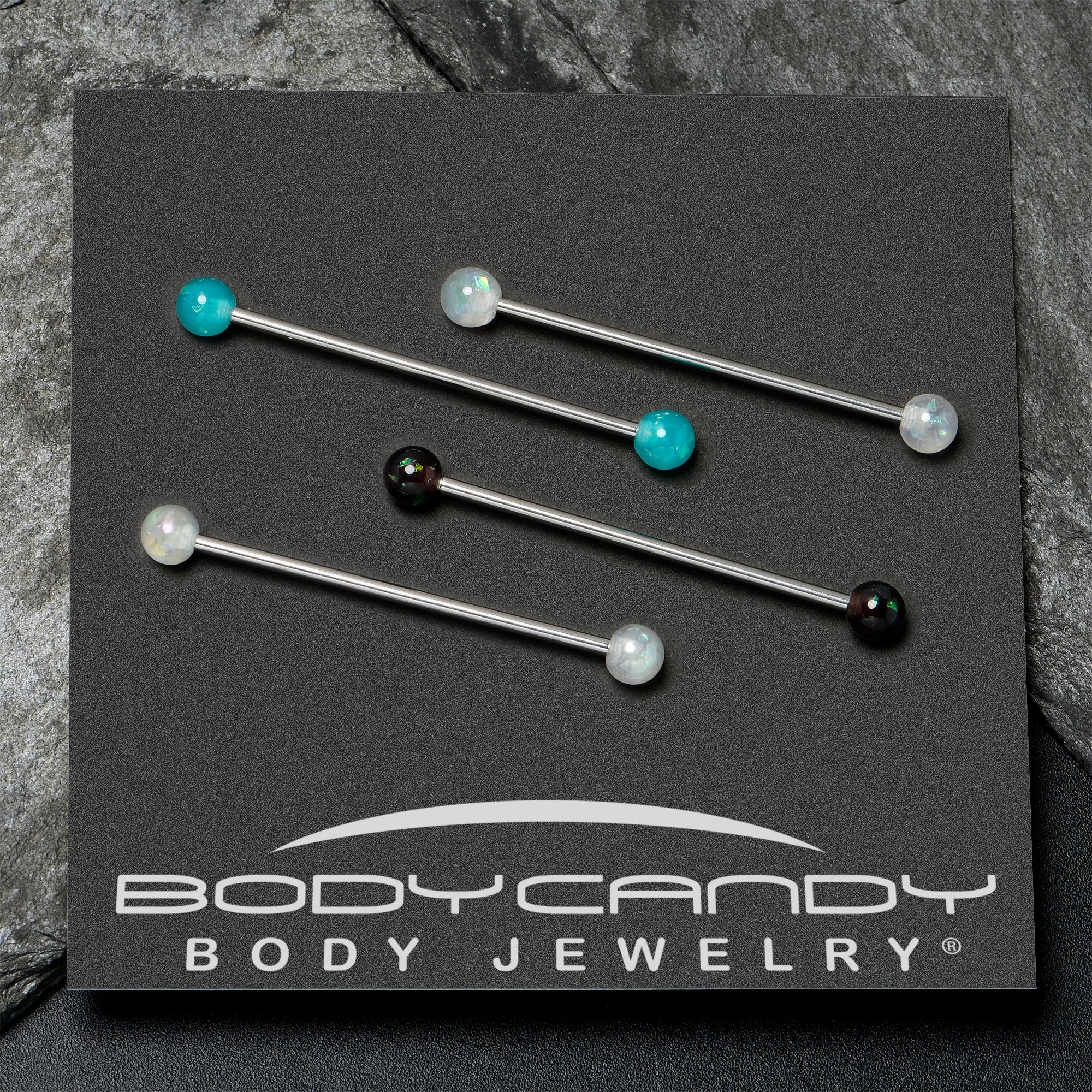 14G Green Aurora Black Faux Opal Pack Industrial Barbell Set of 4 - Image 6
