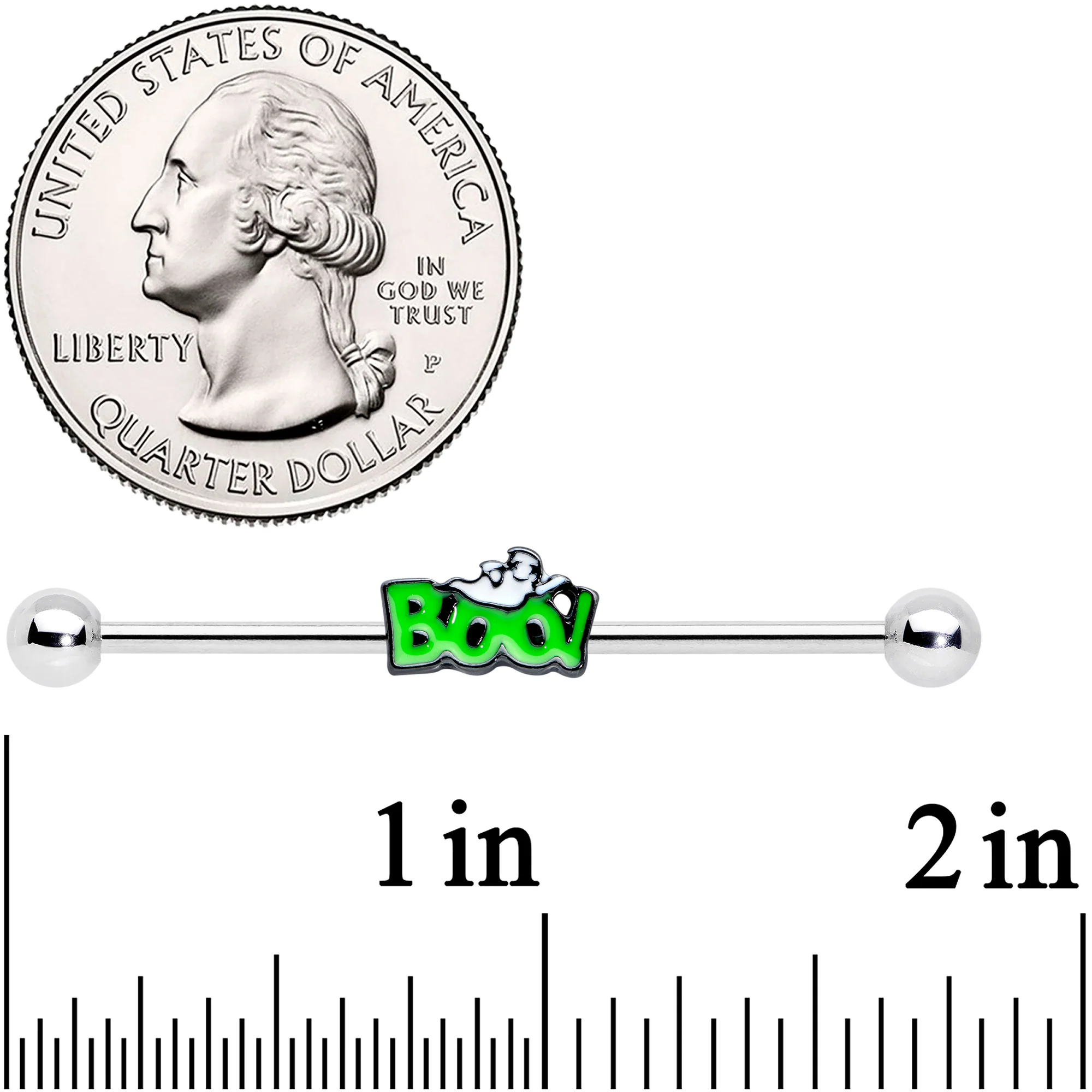 14G Green Boo Smile Ghost Halloween Industrial Barbell 38mm - Image 2