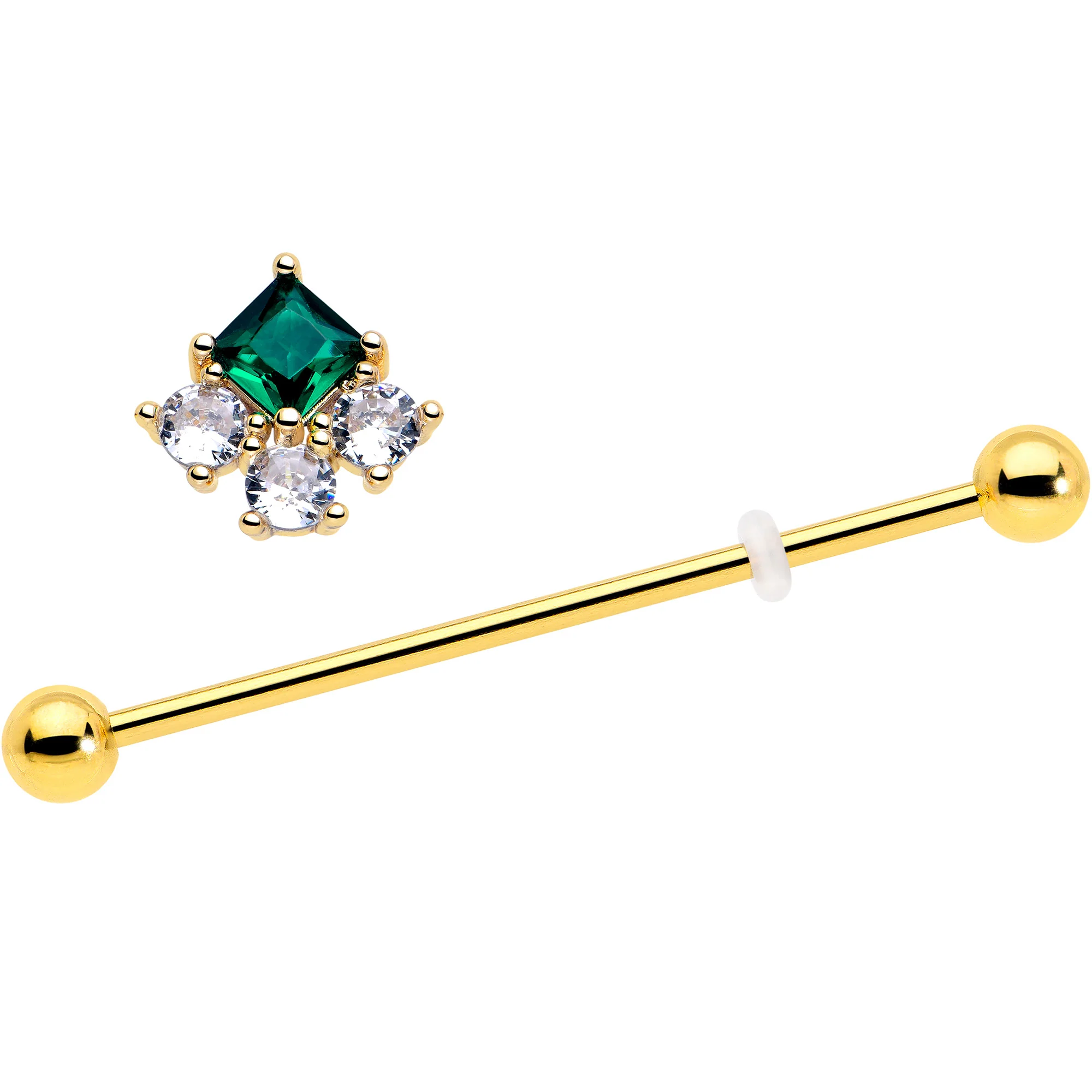 14G Green CZ Gem Gold Tone Rhombus Riot Industrial Barbell 38mm - Image 2