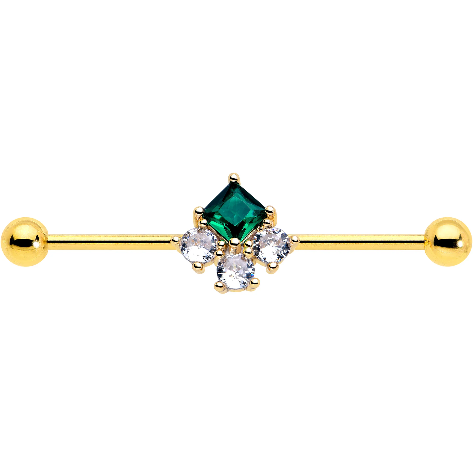 14G Green CZ Gem Gold Tone Rhombus Riot Industrial Barbell 38mm - Image 3