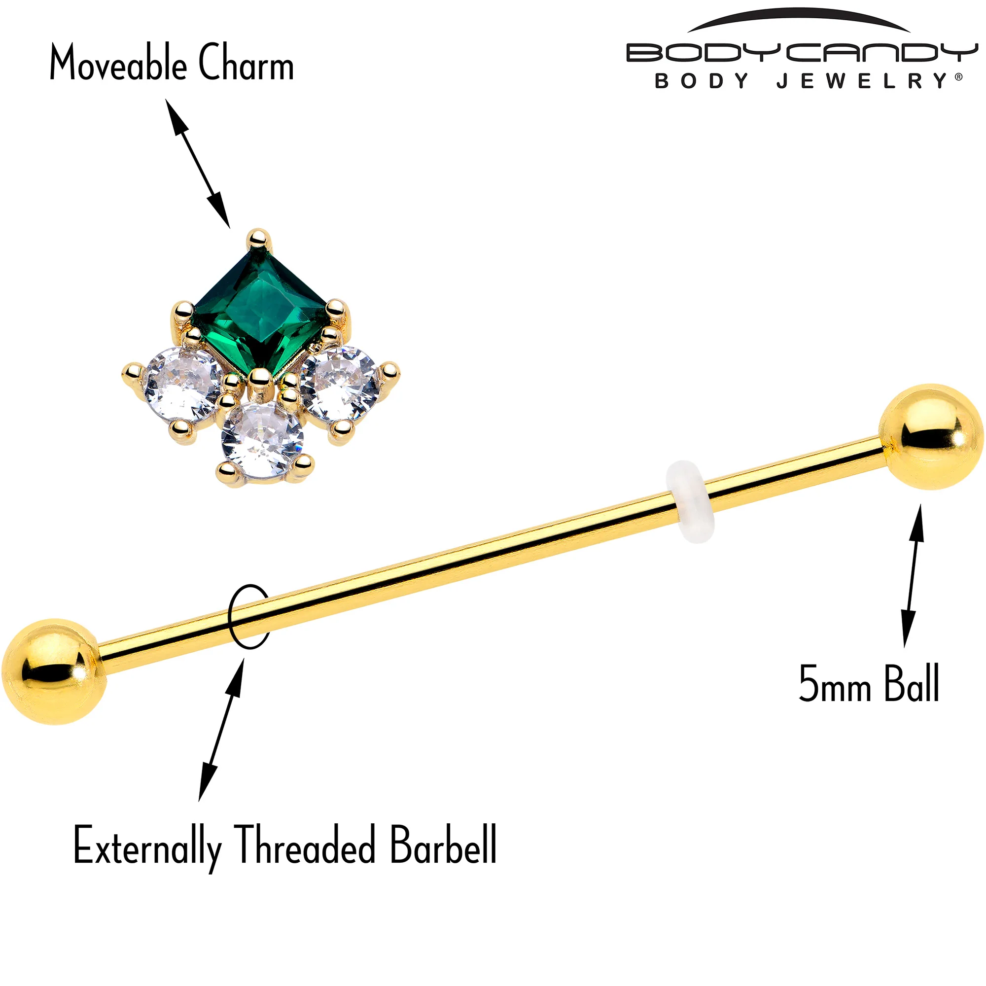 14G Green CZ Gem Gold Tone Rhombus Riot Industrial Barbell 38mm - Image 4