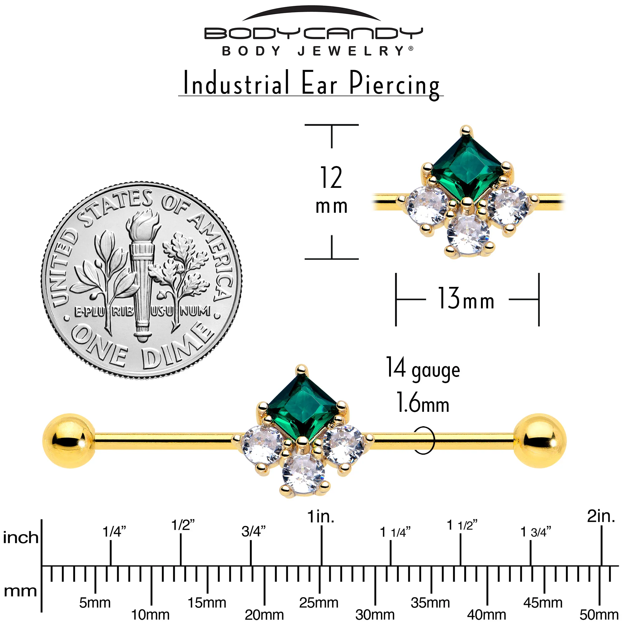 14G Green CZ Gem Gold Tone Rhombus Riot Industrial Barbell 38mm - Image 5