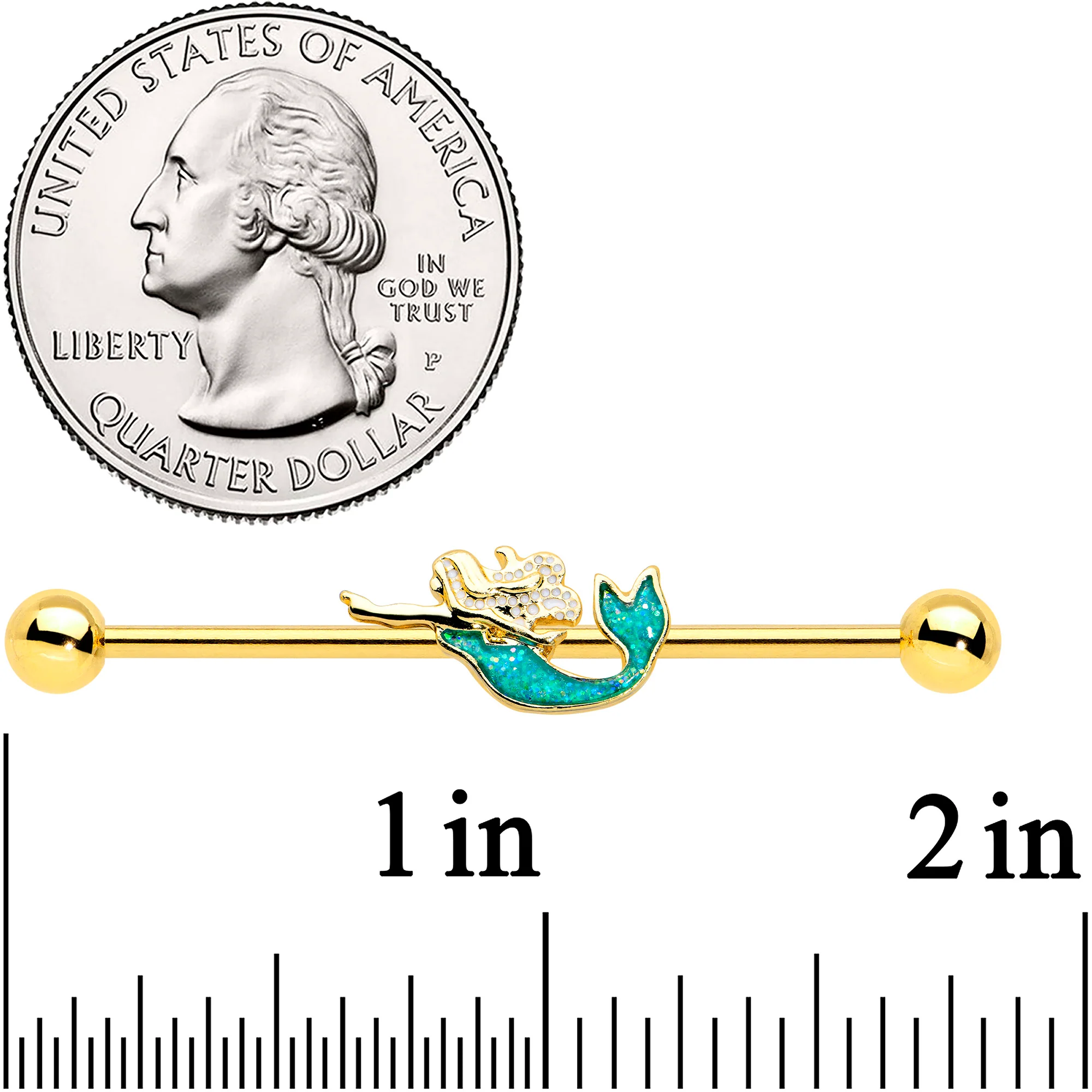 14G Green Faux Opal Gold Hue Tone Mermaid Industrial Barbell 38mm - Image 2
