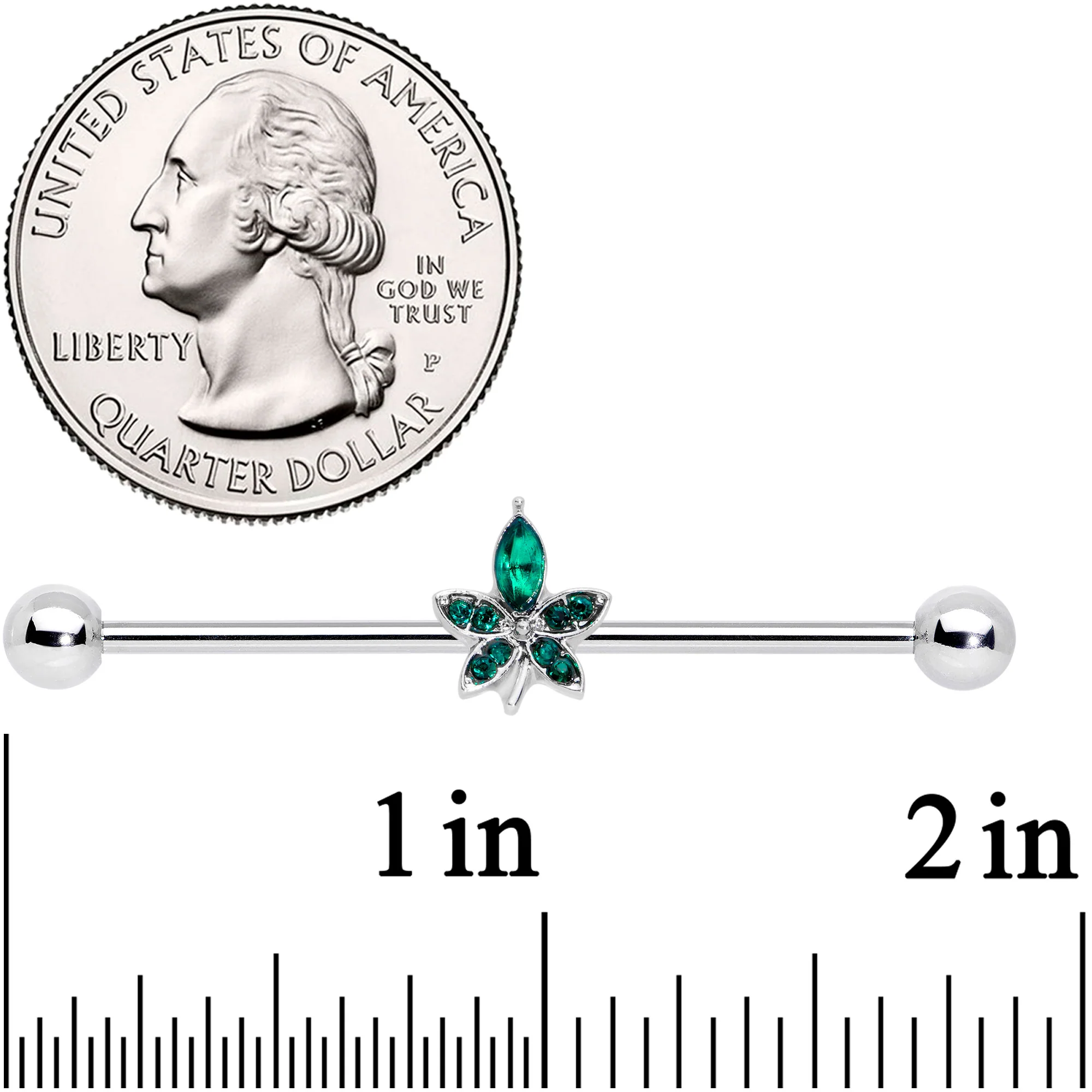14G Green Gem Beautiful Flower Industrial Barbell 38mm - Image 2