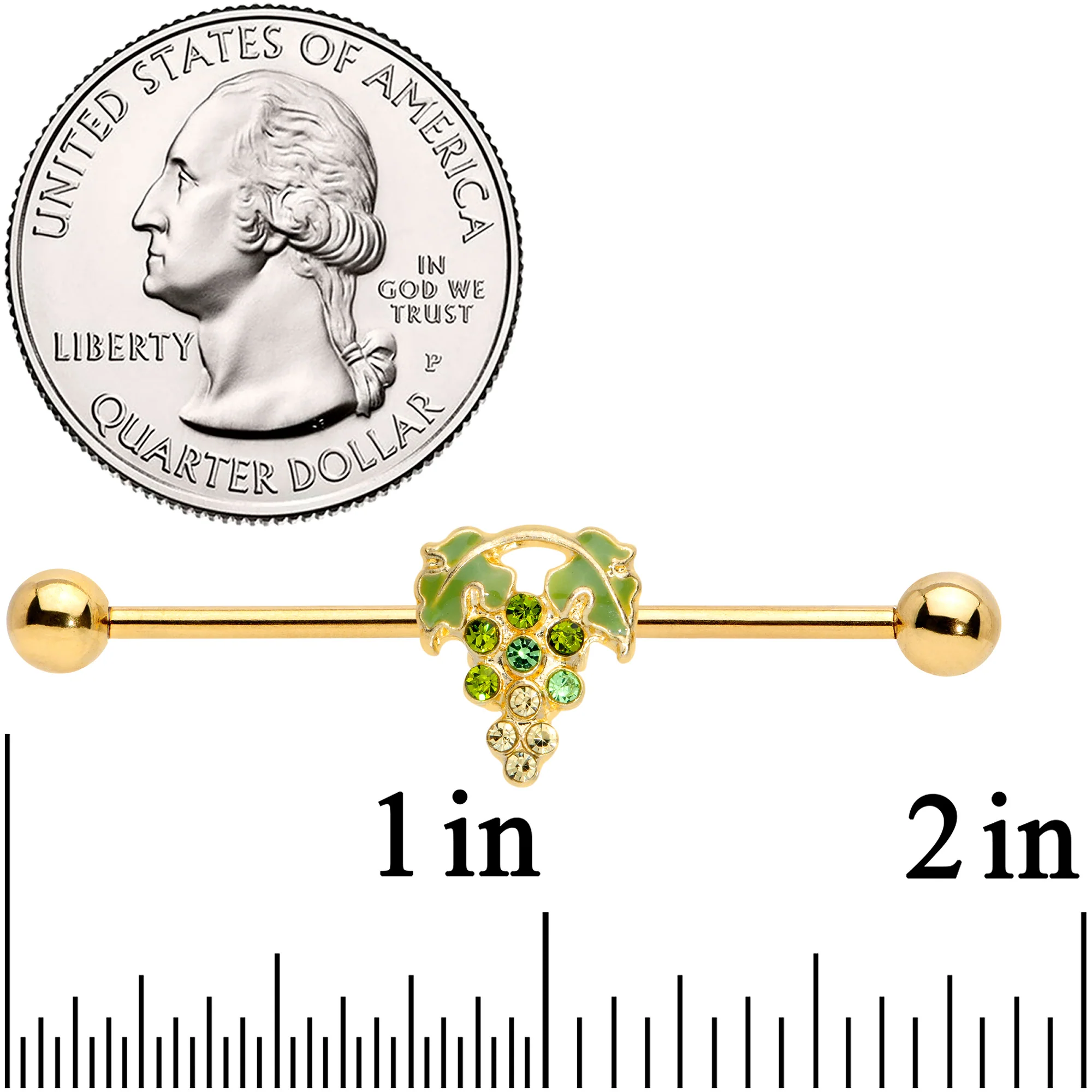 14G Green Gem Gold Tone Bunch of Grapes Industrial Barbell 38mm - Image 2