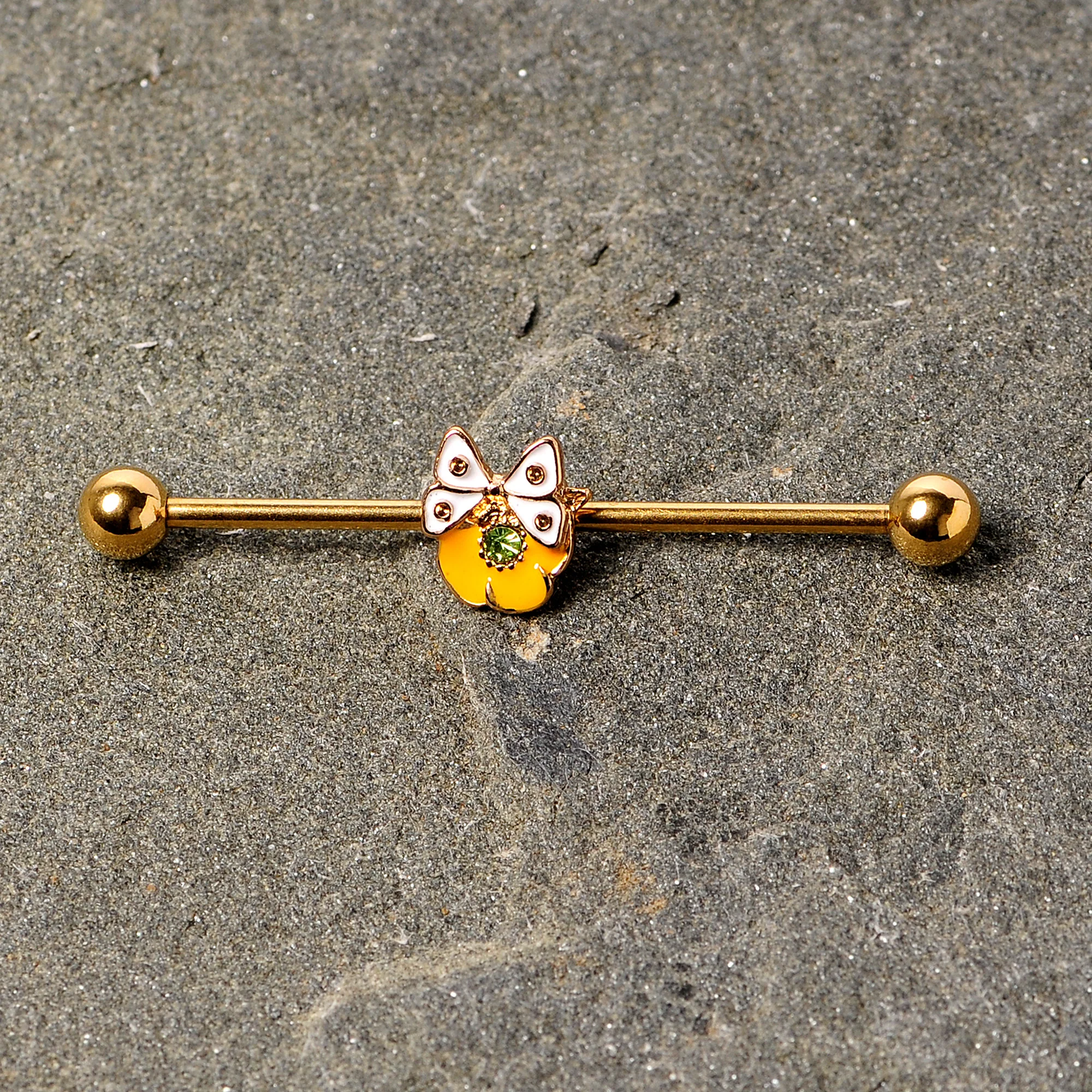 14G Green Gem Gold Tone Butterfly Flower Industrial Barbell 38mm - Image 3
