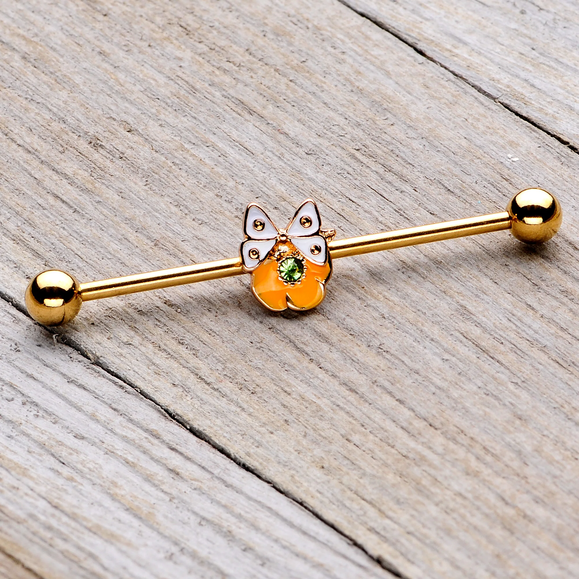 14G Green Gem Gold Tone Butterfly Flower Industrial Barbell 38mm - Image 4
