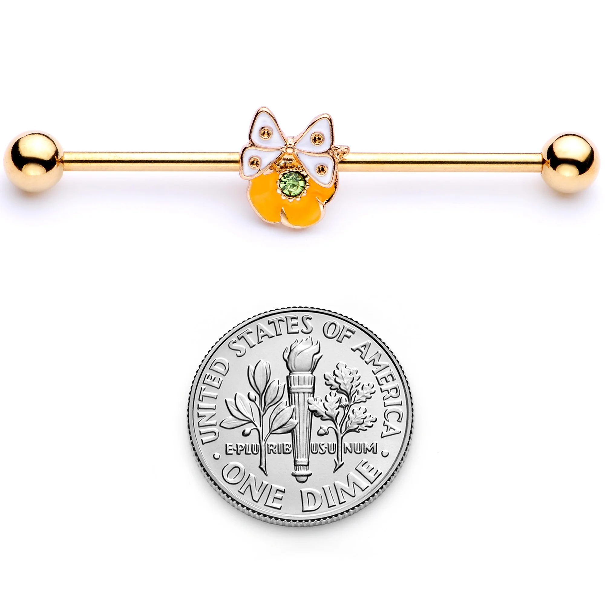 14G Green Gem Gold Tone Butterfly Flower Industrial Barbell 38mm - Image 5