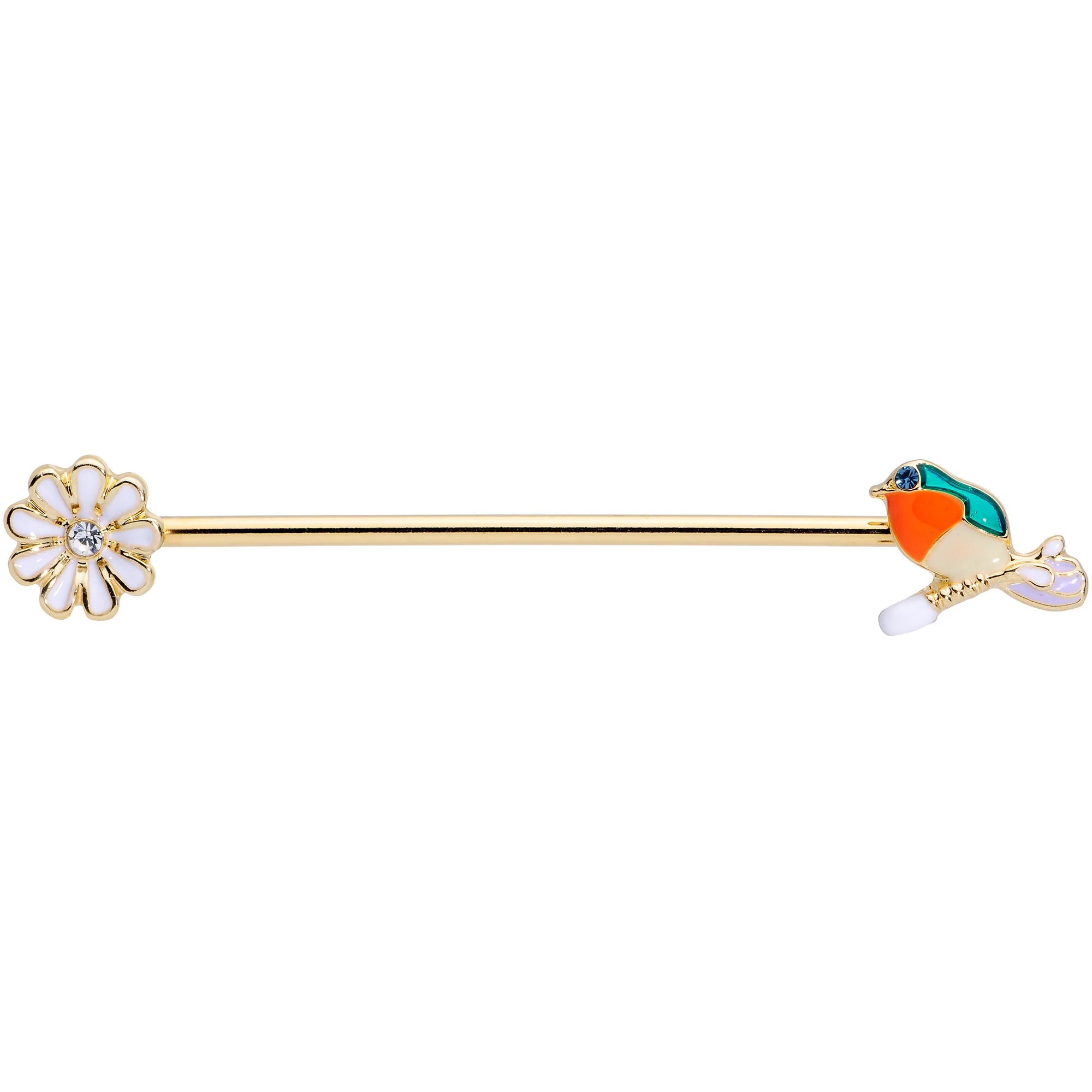 14G Green Gem Gold Tone Perch Bird Industrial Barbell 38mm - Image 2