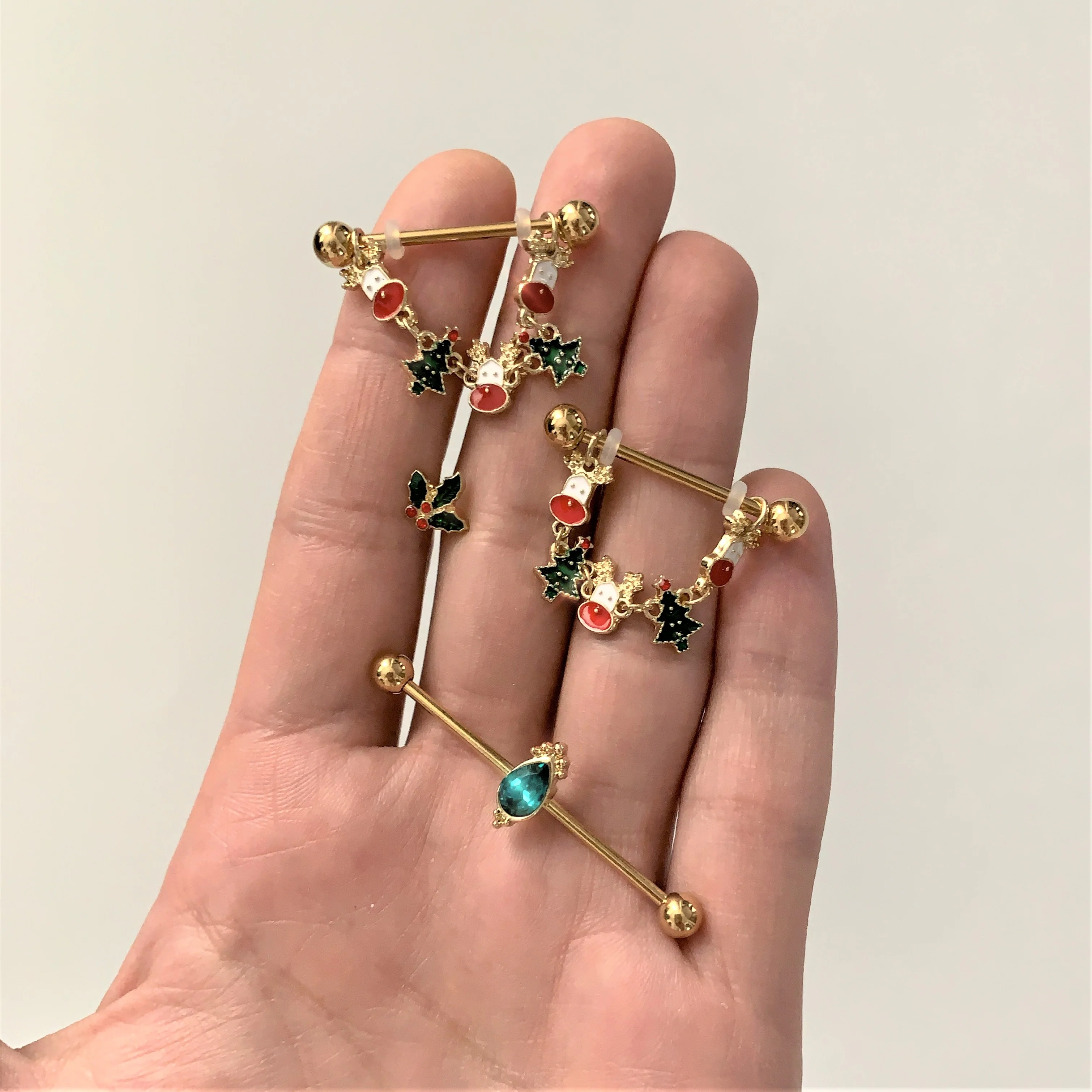 14G Green Gem Gold Tone Regal Drop Industrial Barbell 38mm - Image 2