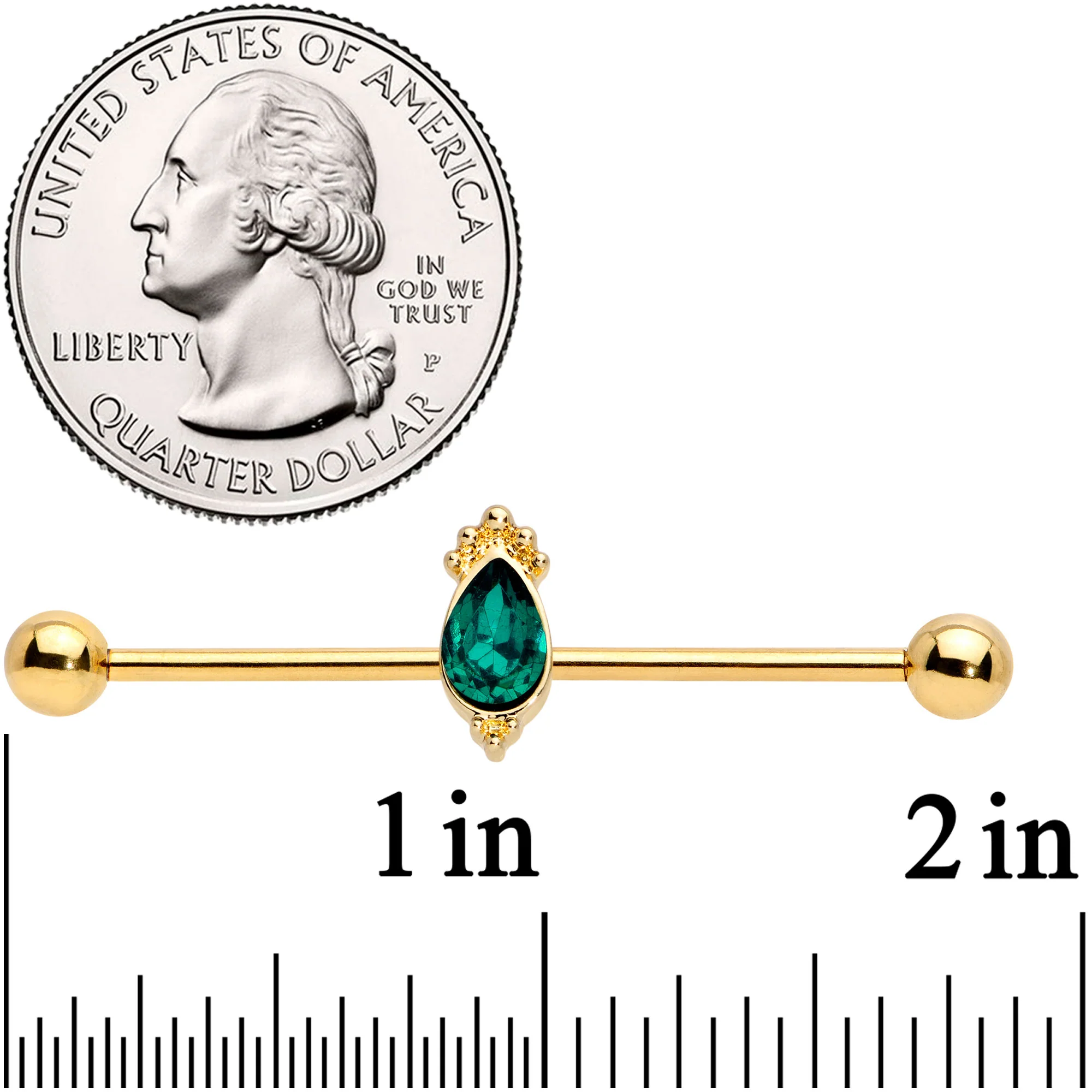 14G Green Gem Gold Tone Regal Drop Industrial Barbell 38mm - Image 5