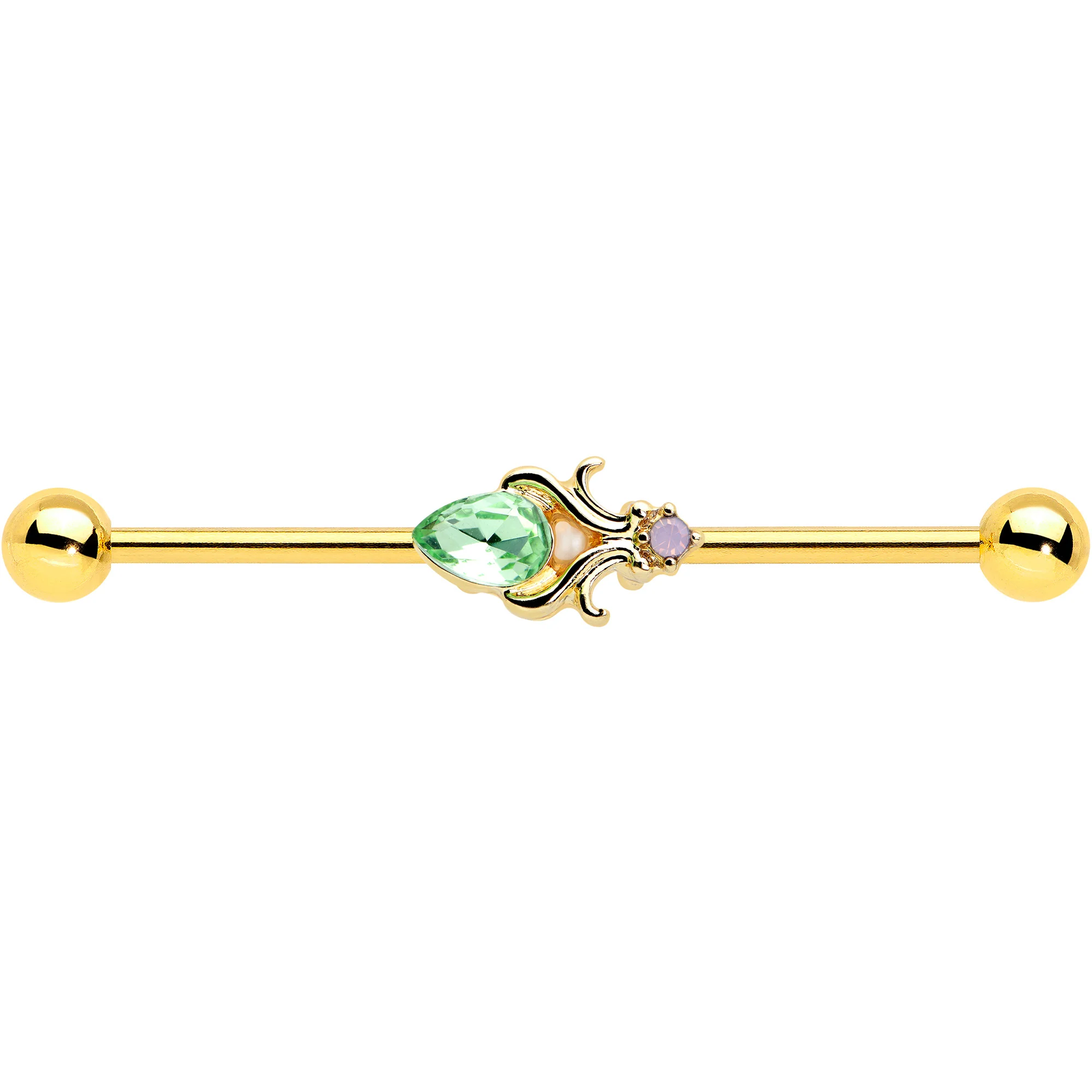 14G Green Gem Gold Tone Shades of Spring Industrial Barbell 38mm - Image 2