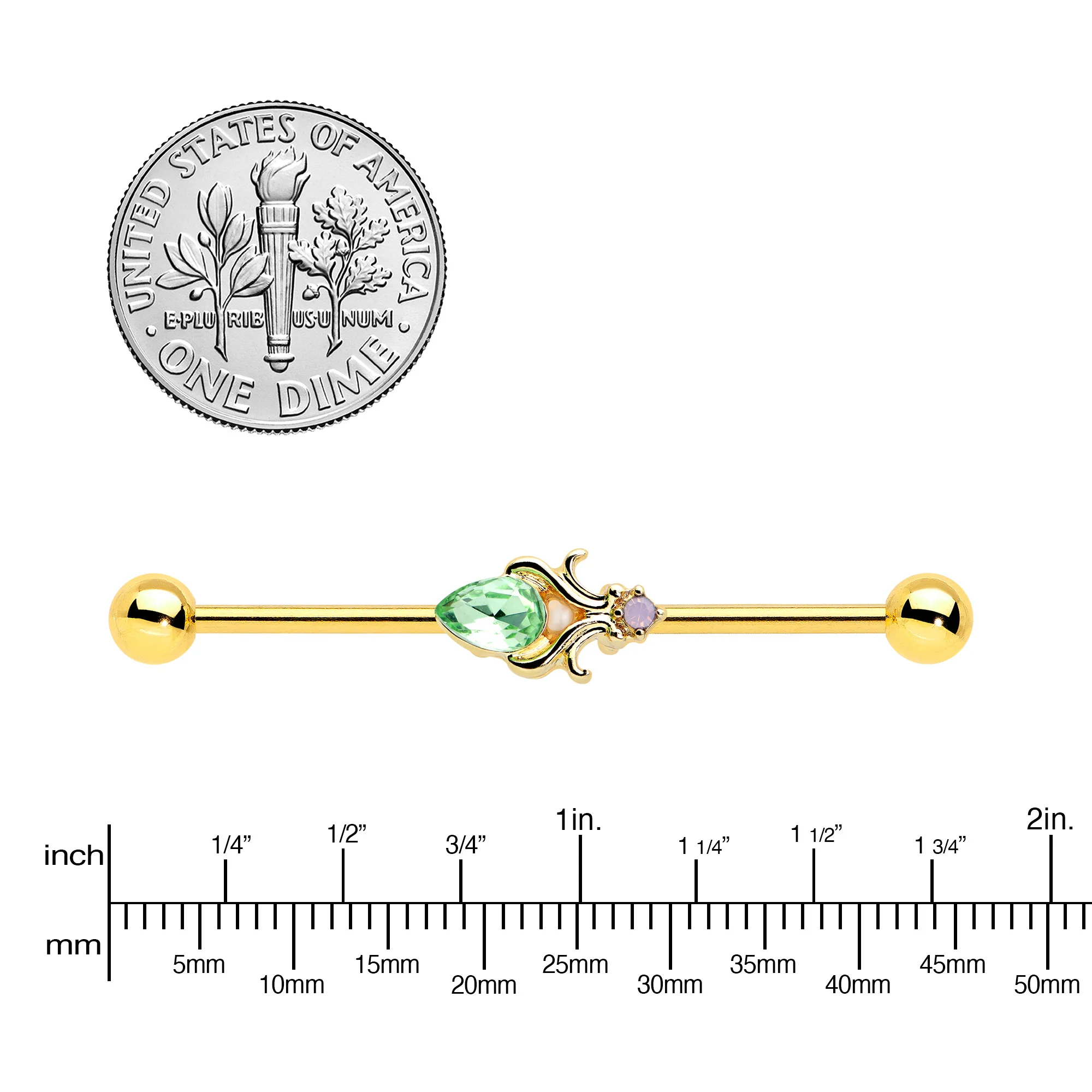 14G Green Gem Gold Tone Shades of Spring Industrial Barbell 38mm - Image 3
