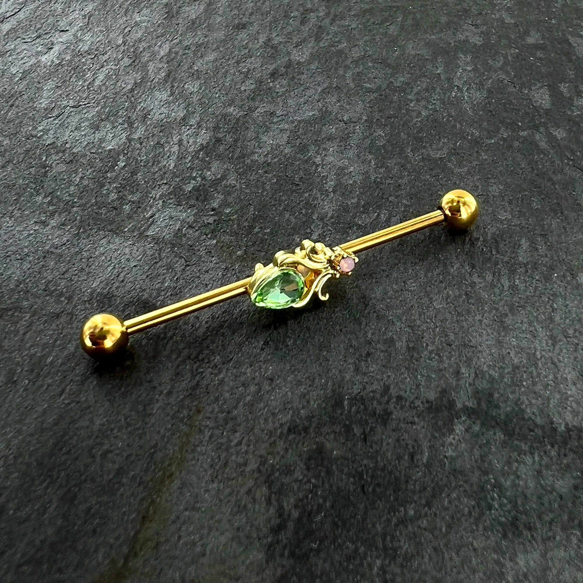 14G Green Gem Gold Tone Shades of Spring Industrial Barbell 38mm - Image 4