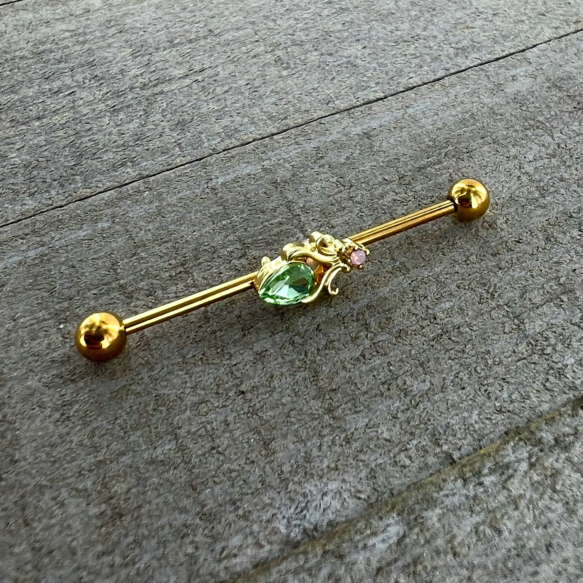 14G Green Gem Gold Tone Shades of Spring Industrial Barbell 38mm - Image 5