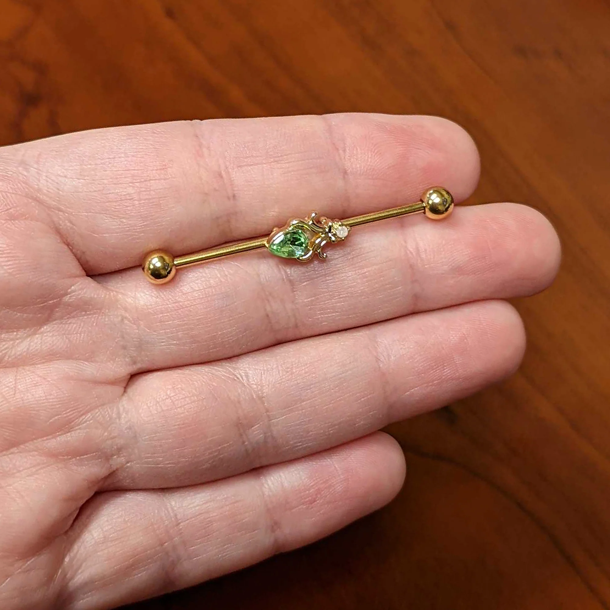 14G Green Gem Gold Tone Shades of Spring Industrial Barbell 38mm - Image 6