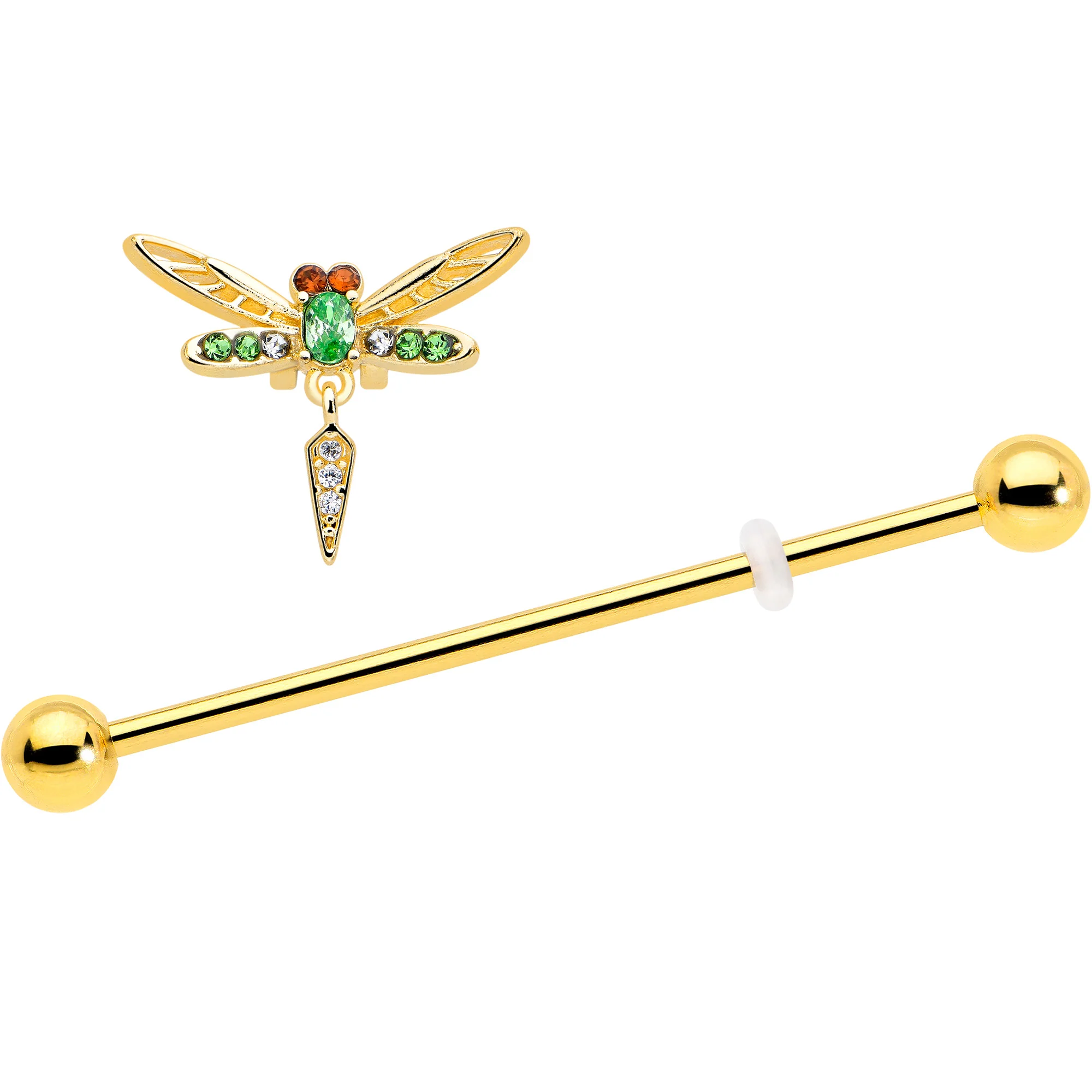 14G Green Gem Gold Tone Swank Dragonfly Dangle Industrial Barbell 38mm - Image 2