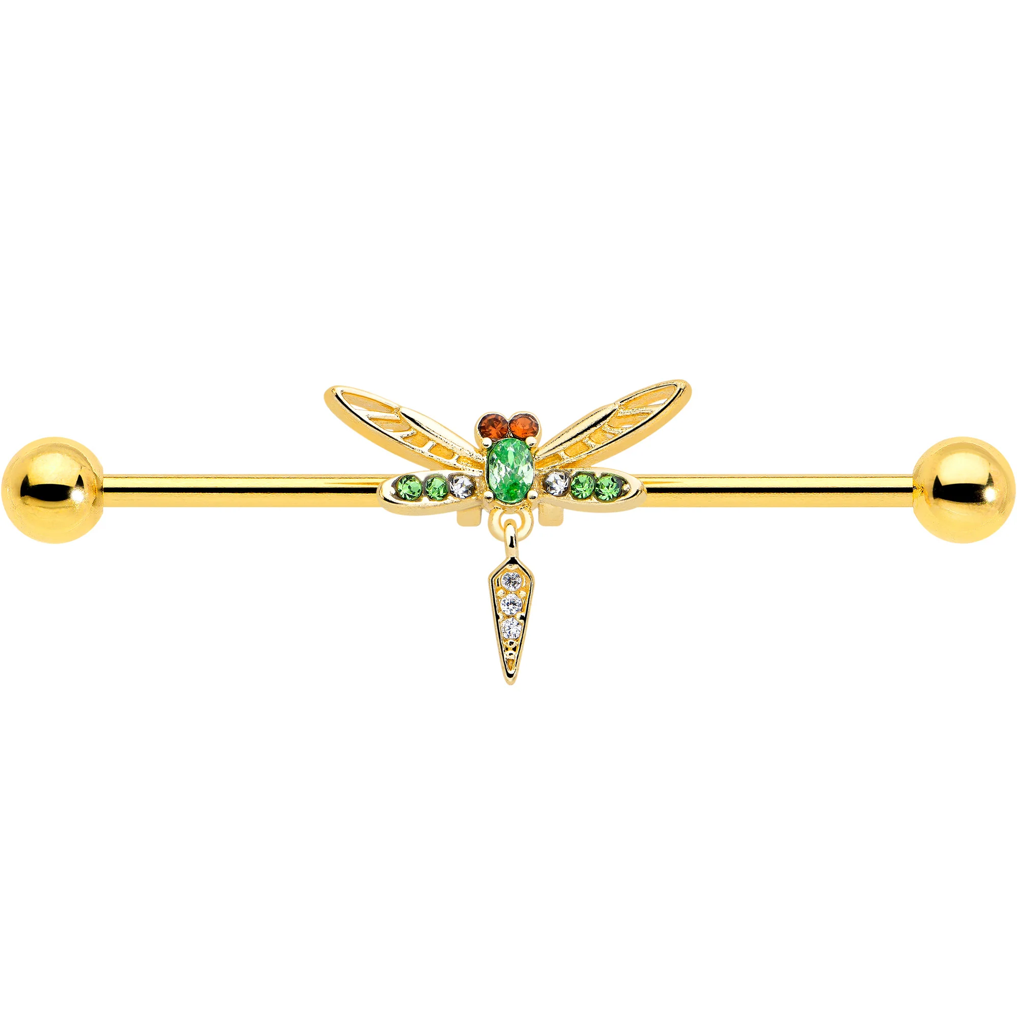 14G Green Gem Gold Tone Swank Dragonfly Dangle Industrial Barbell 38mm - Image 3