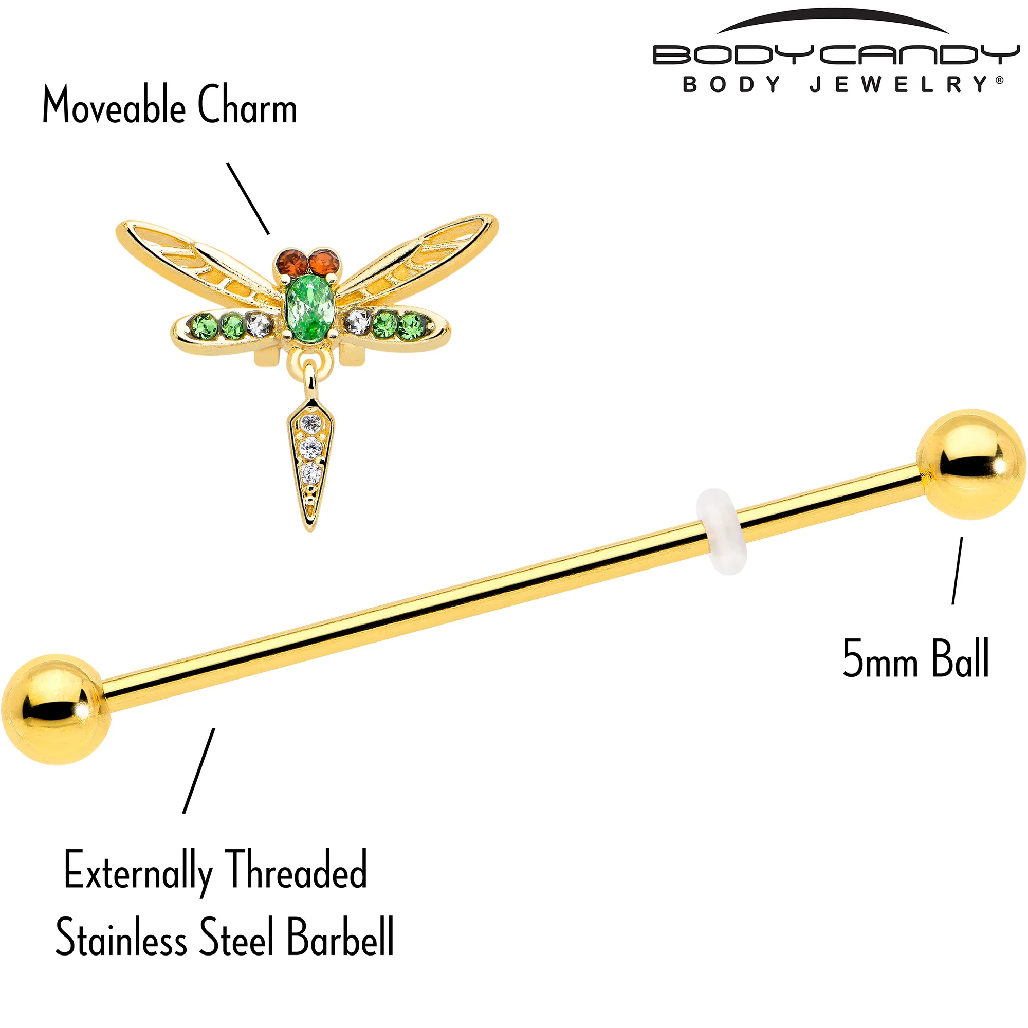14G Green Gem Gold Tone Swank Dragonfly Dangle Industrial Barbell 38mm - Image 4