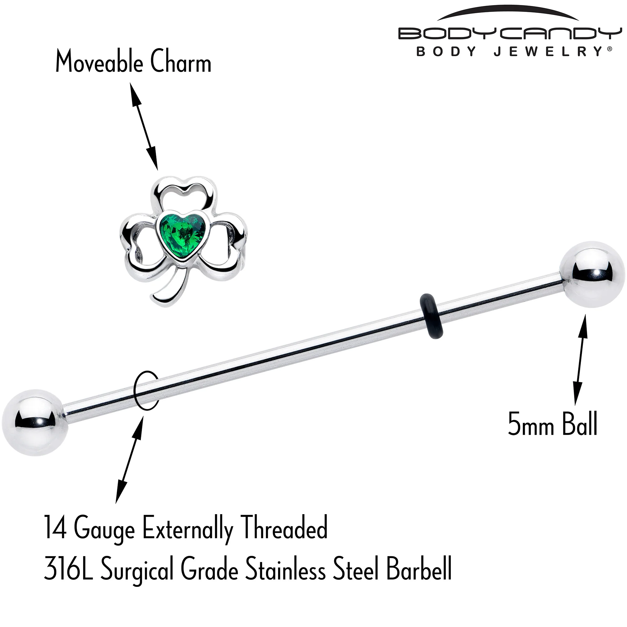 14G Green Gem Heart Shamrock St Patricks Day Industrial Barbell 38mm - Image 3