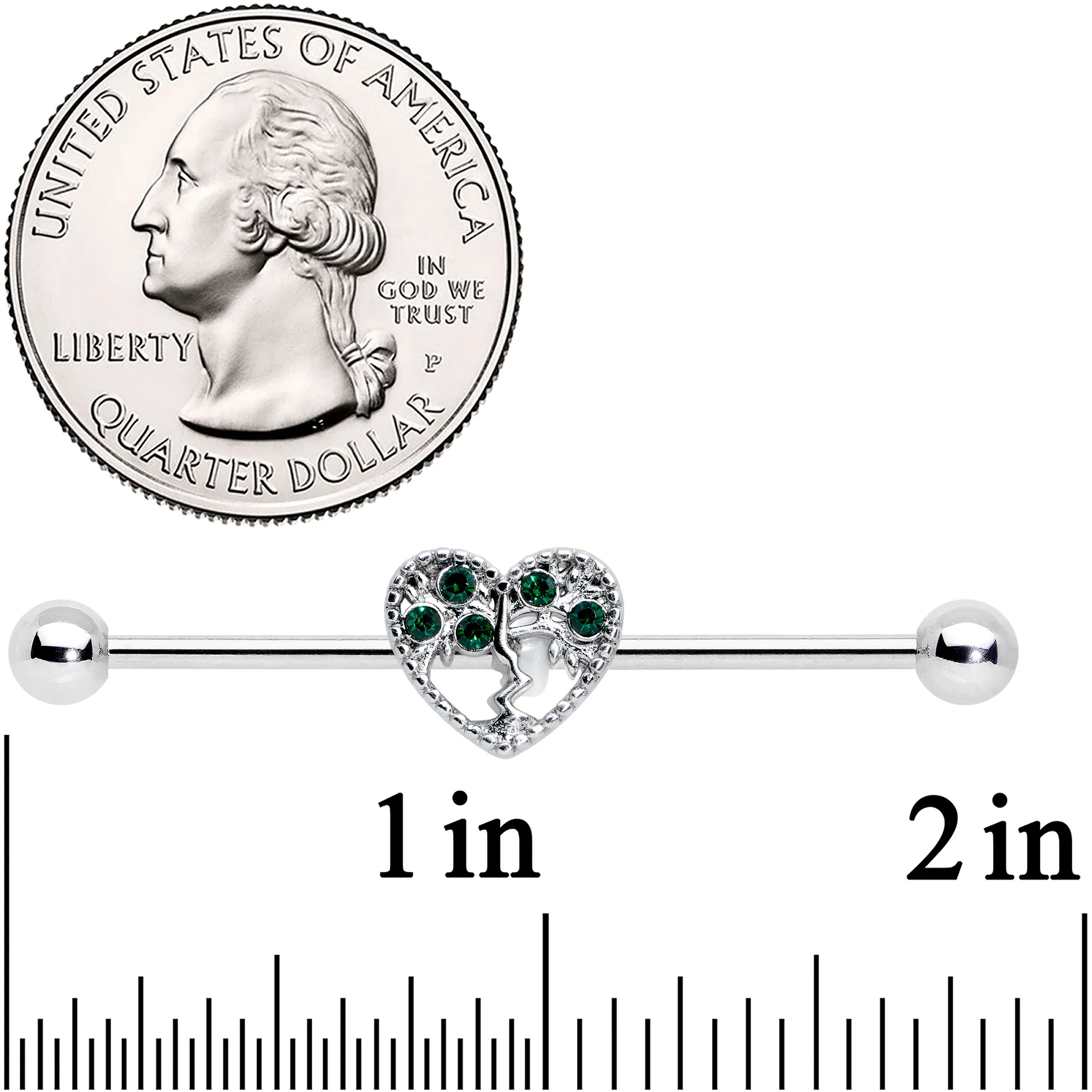 14G Green Gem Heart Tree Valentines Day Industrial Barbell 38mm - Image 2
