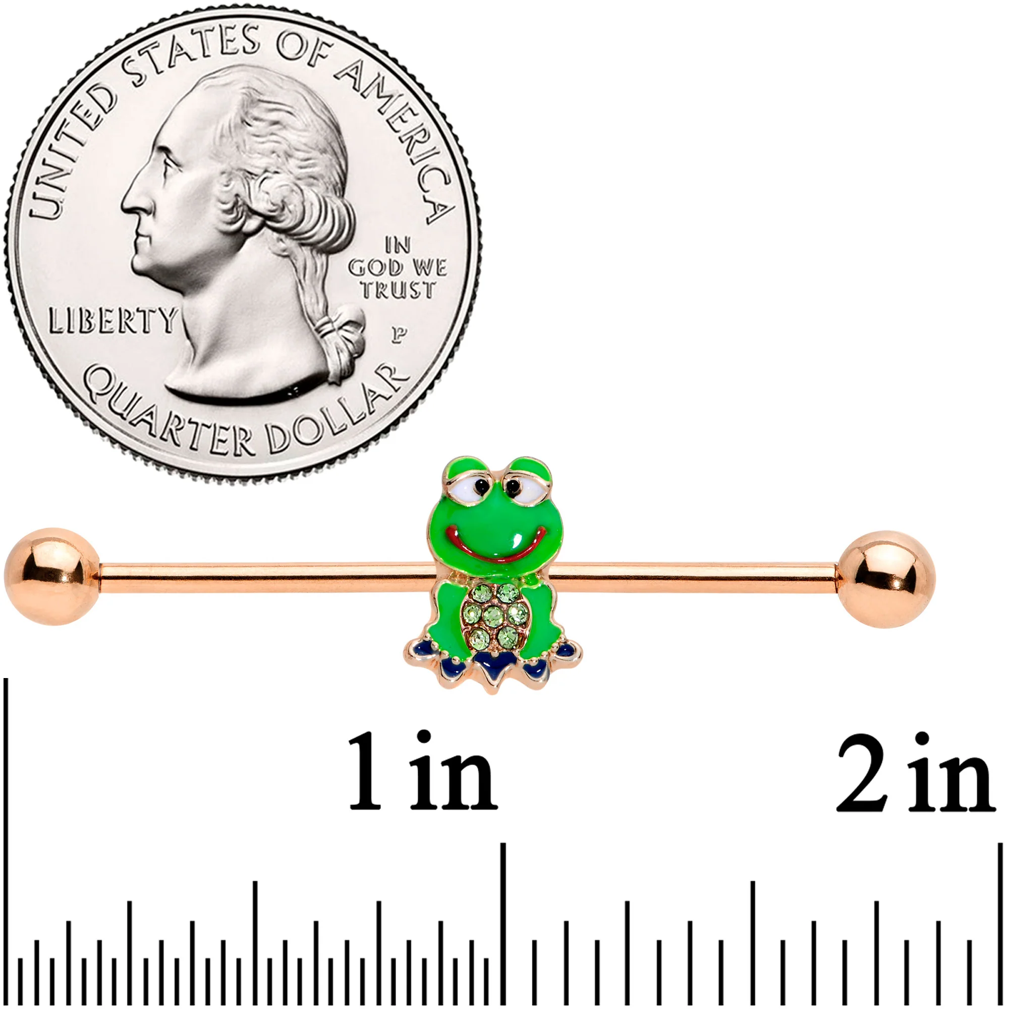 14G Green Gem Rose Gold Tone Green Frog Industrial Barbell 38mm - Image 2