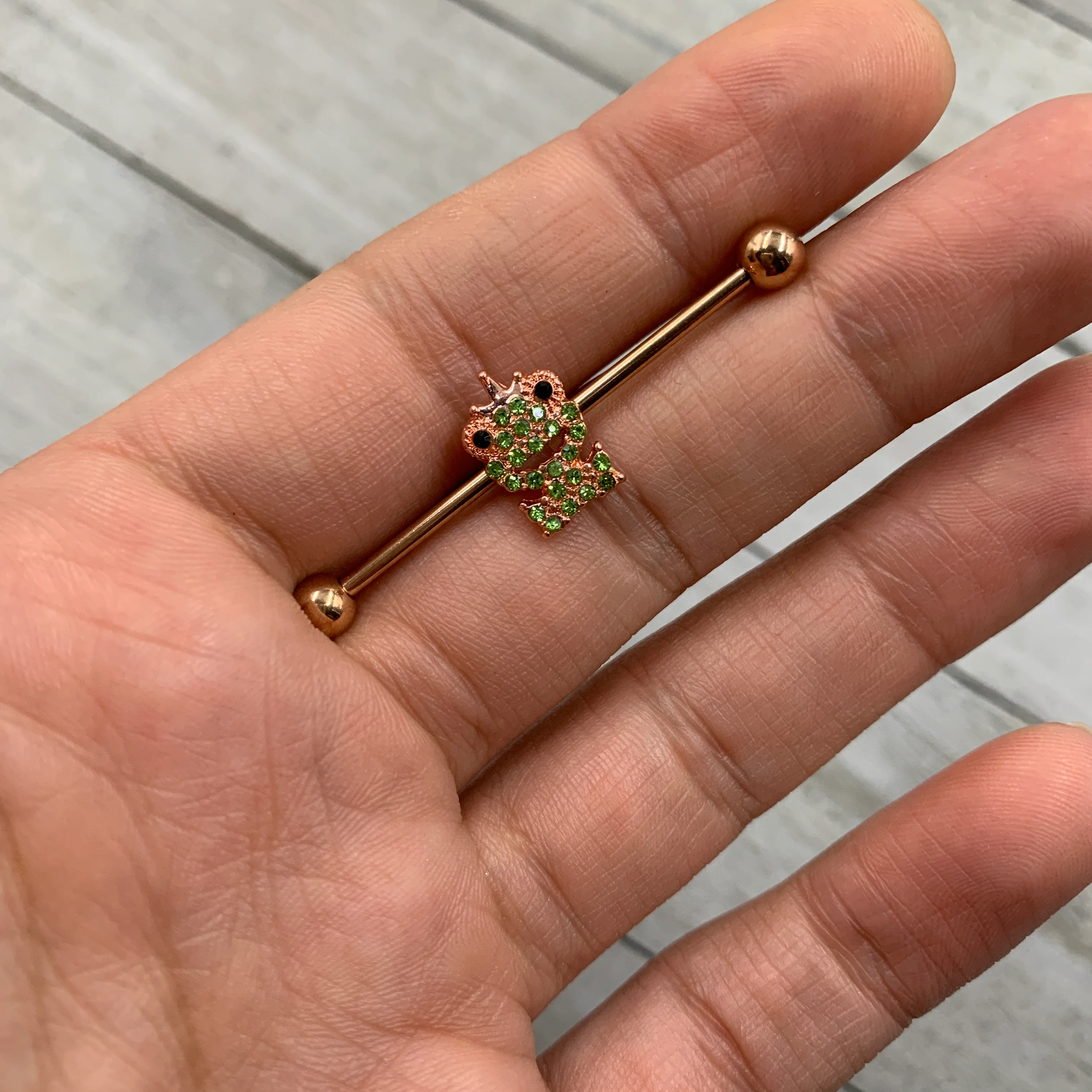 14G Green Gem Rose Gold Tone Royal Frog Industrial Barbell 38mm - Image 2
